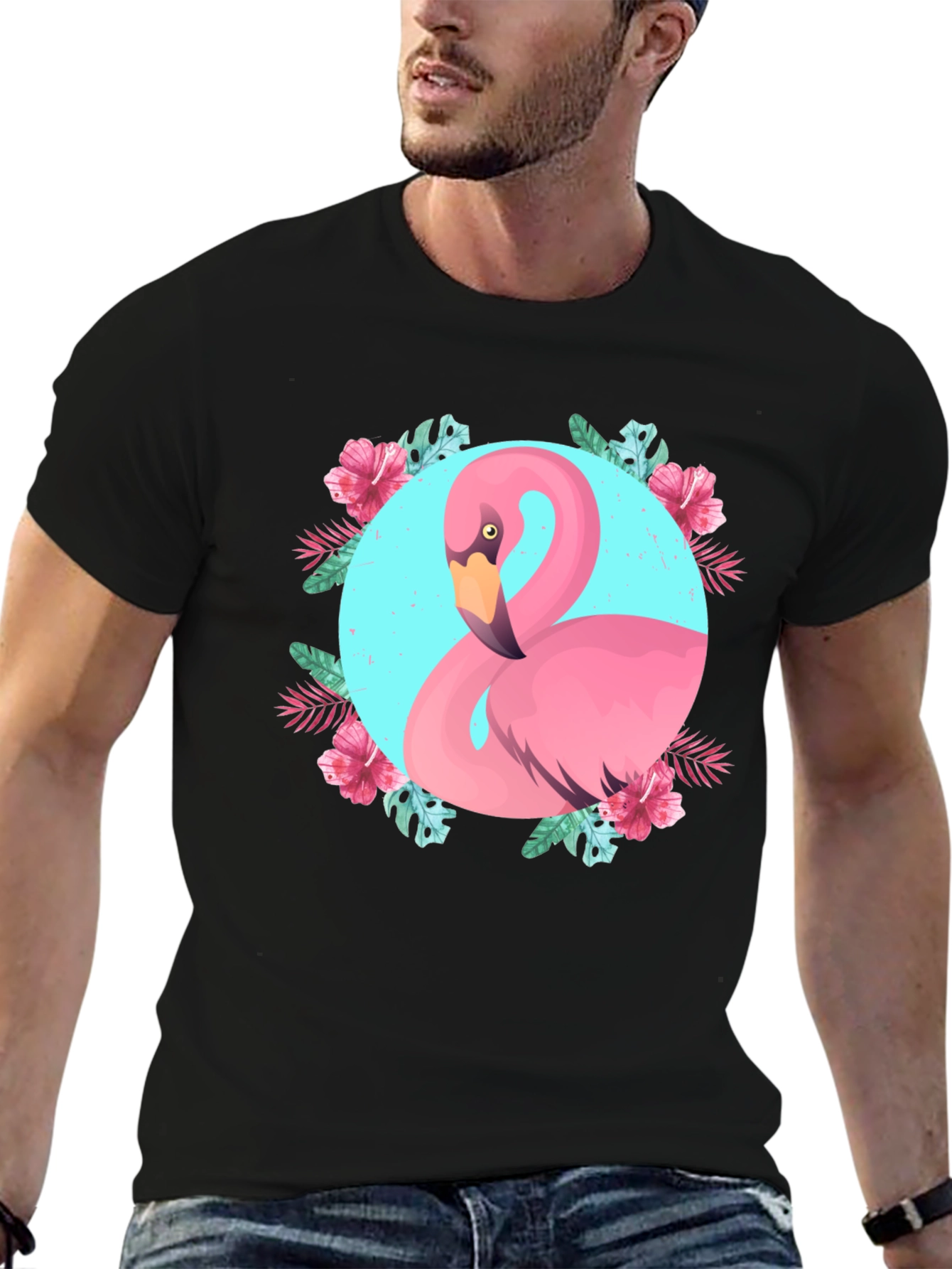 Tropical Flamingo Graphic Black T-Shirt