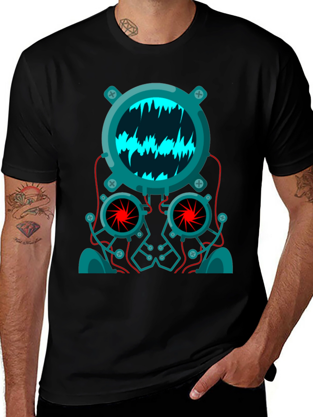Cyberpunk Robot Head Graphic Tee - Black