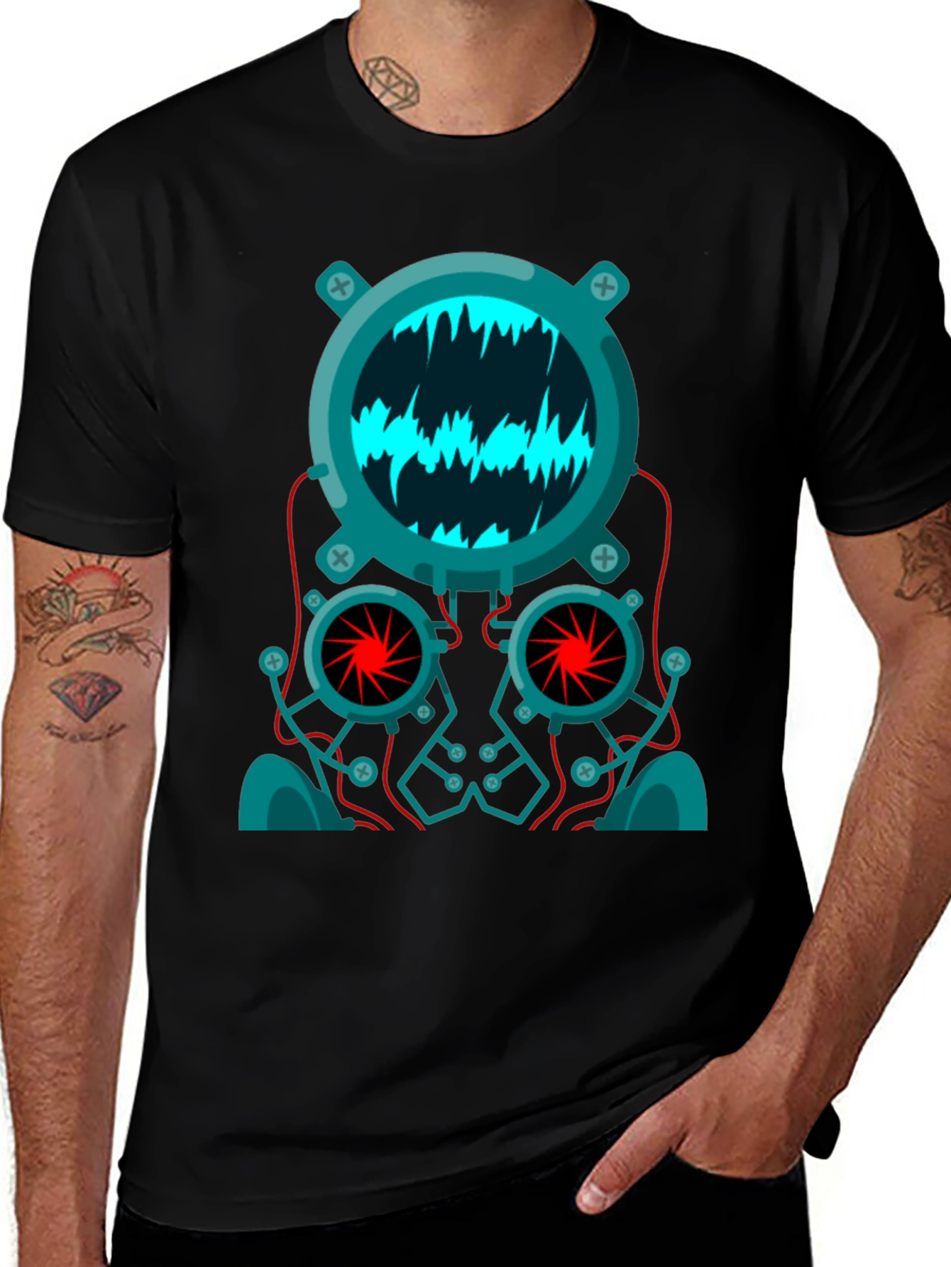 Cyberpunk Robot Head Graphic Tee - Black
