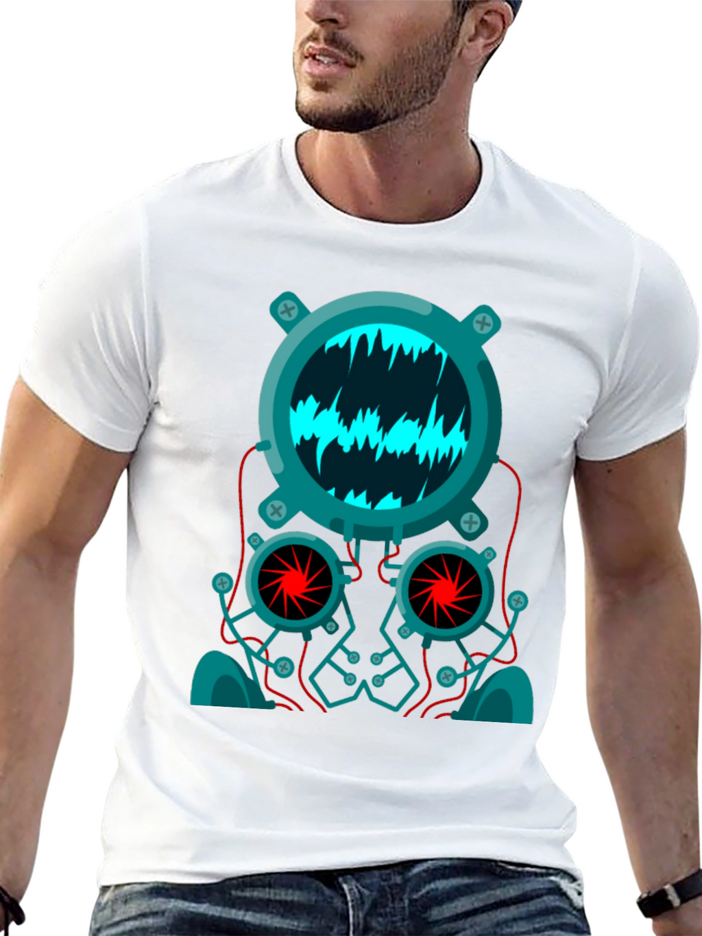 Cyberpunk Robot Head Graphic Tee - Black