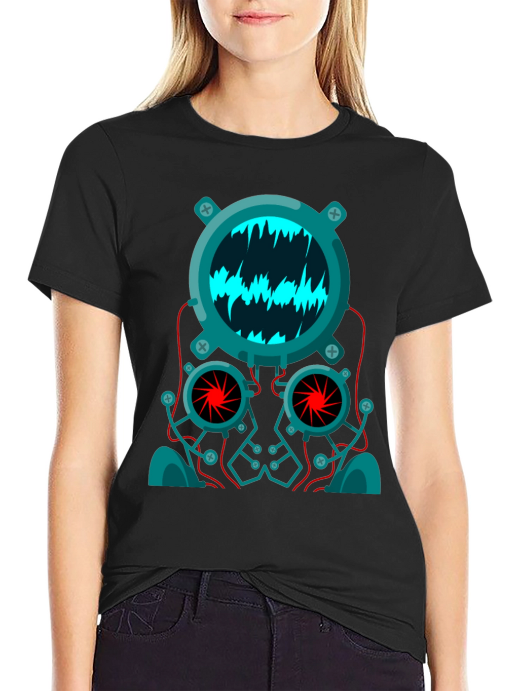 Cyberpunk Robot Head Graphic Tee - Black