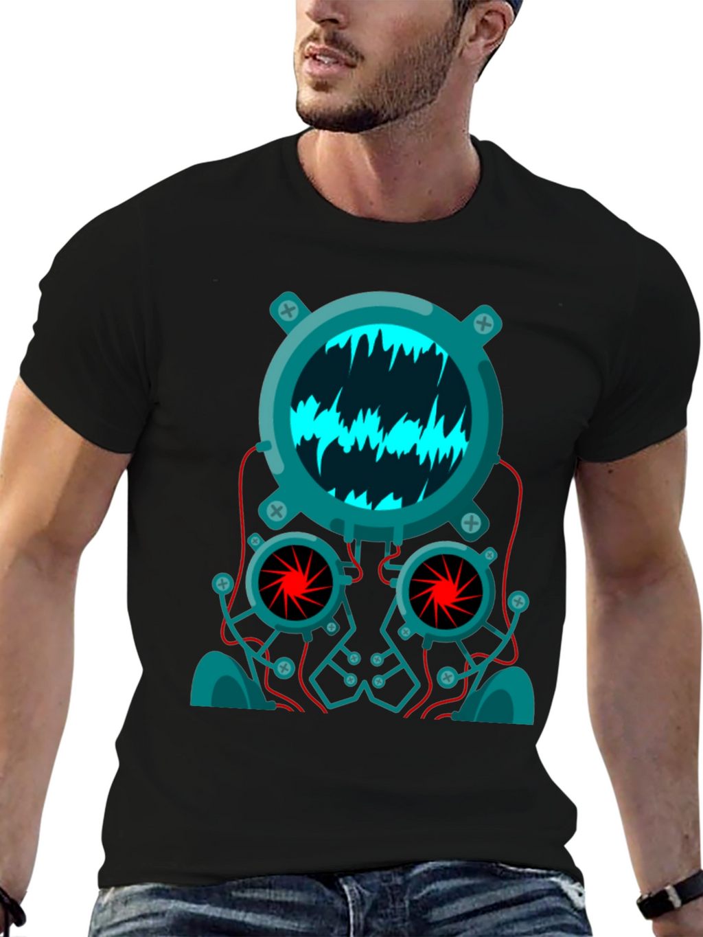 Cyberpunk Robot Head Graphic Tee - Black
