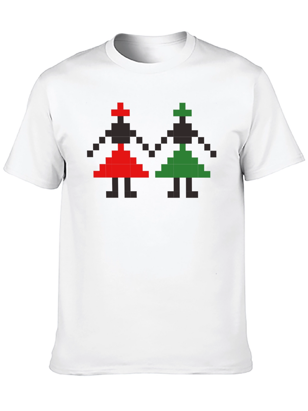Retro Pixel Art T-Shirt - Red and Green Figures