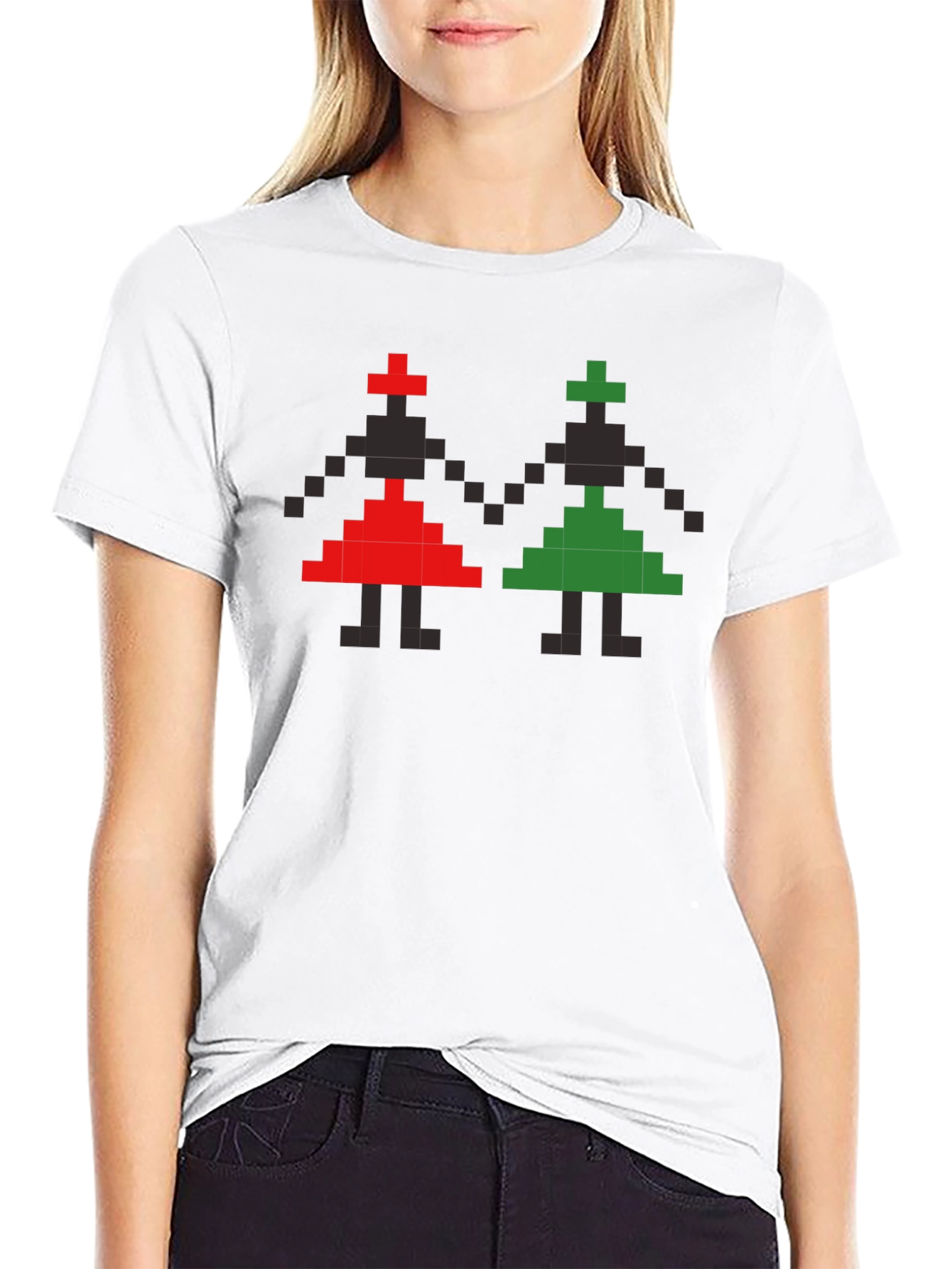 Retro Pixel Art T-Shirt - Red and Green Figures