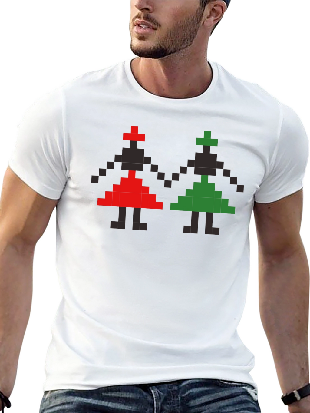 Retro Pixel Art T-Shirt - Red and Green Figures