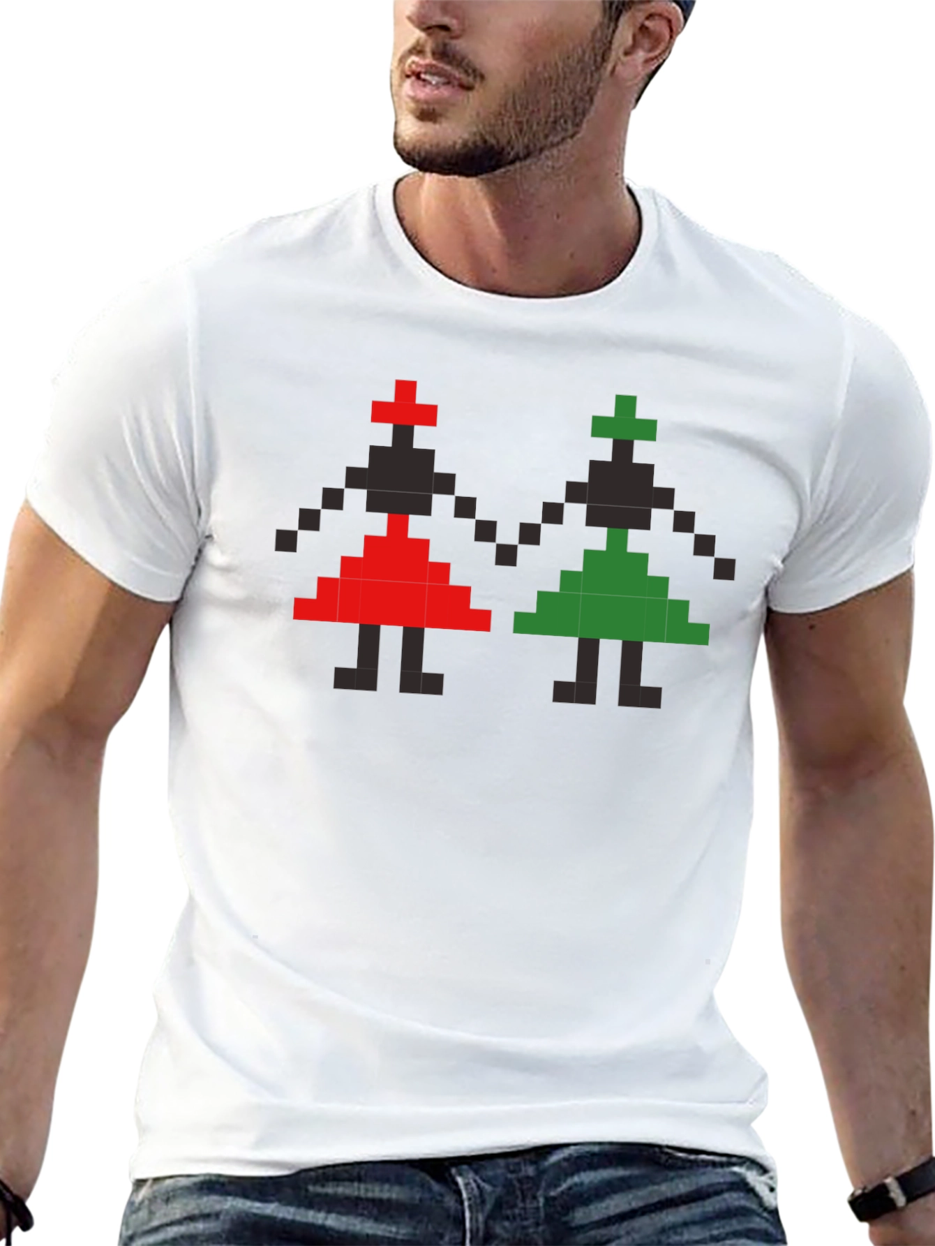 Retro Pixel Art T-Shirt - Red and Green Figures