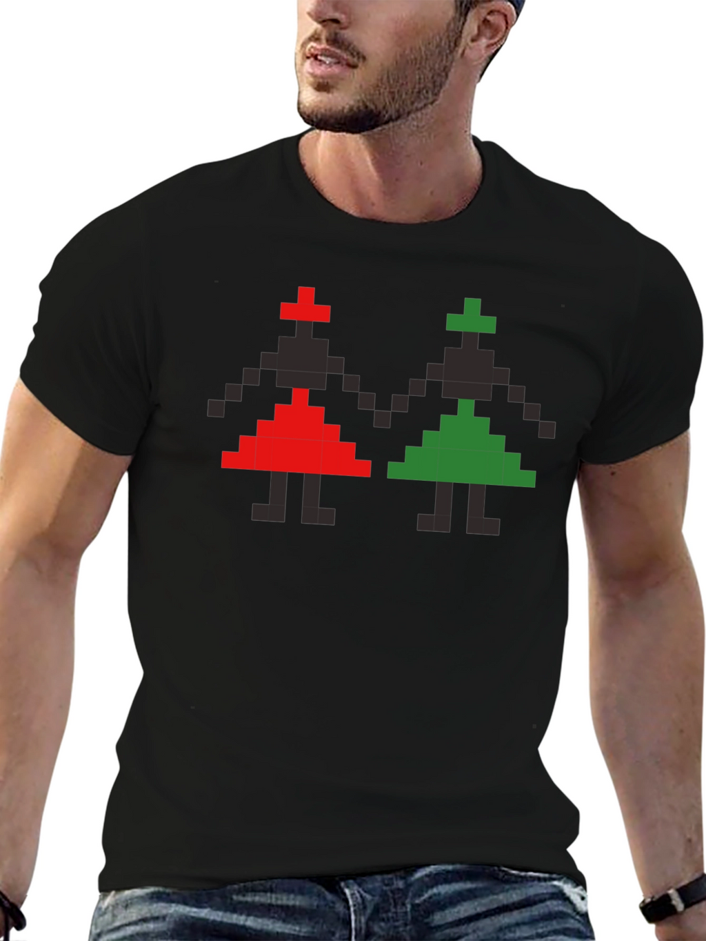 Retro Pixel Art T-Shirt - Red and Green Figures