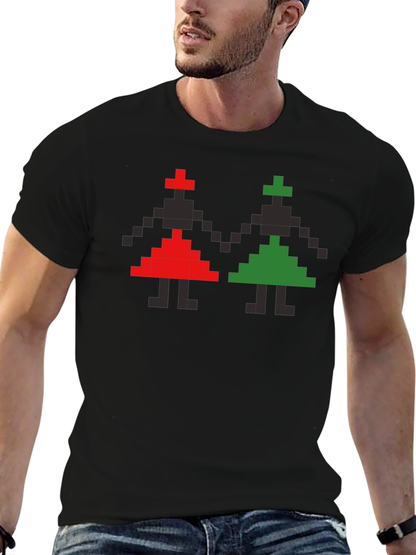 Retro Pixel Art T-Shirt - Red and Green Figures