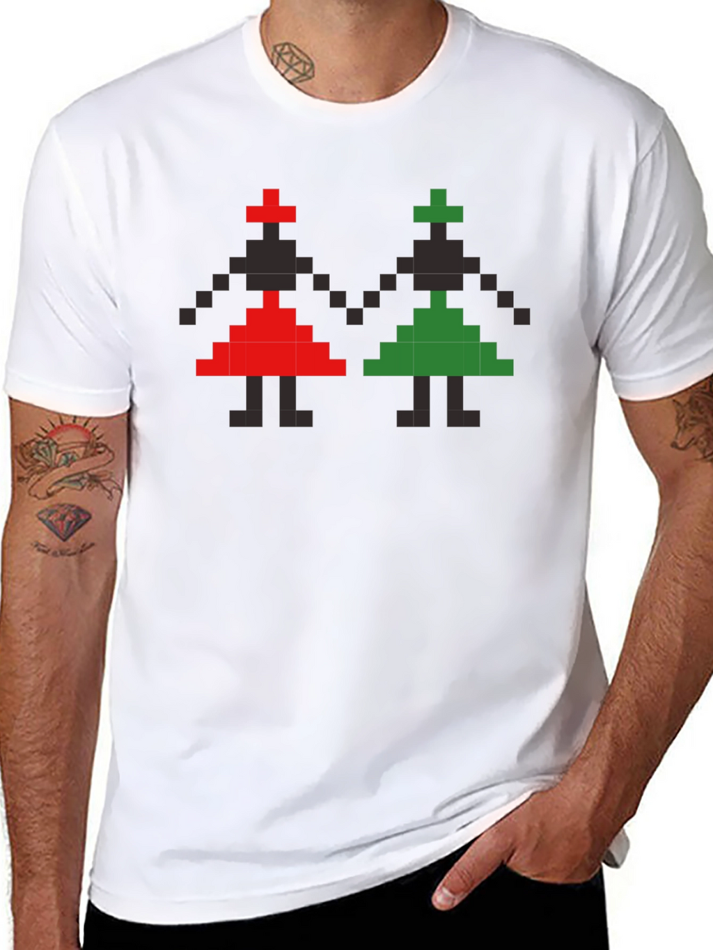 Retro Pixel Art T-Shirt - Red and Green Figures