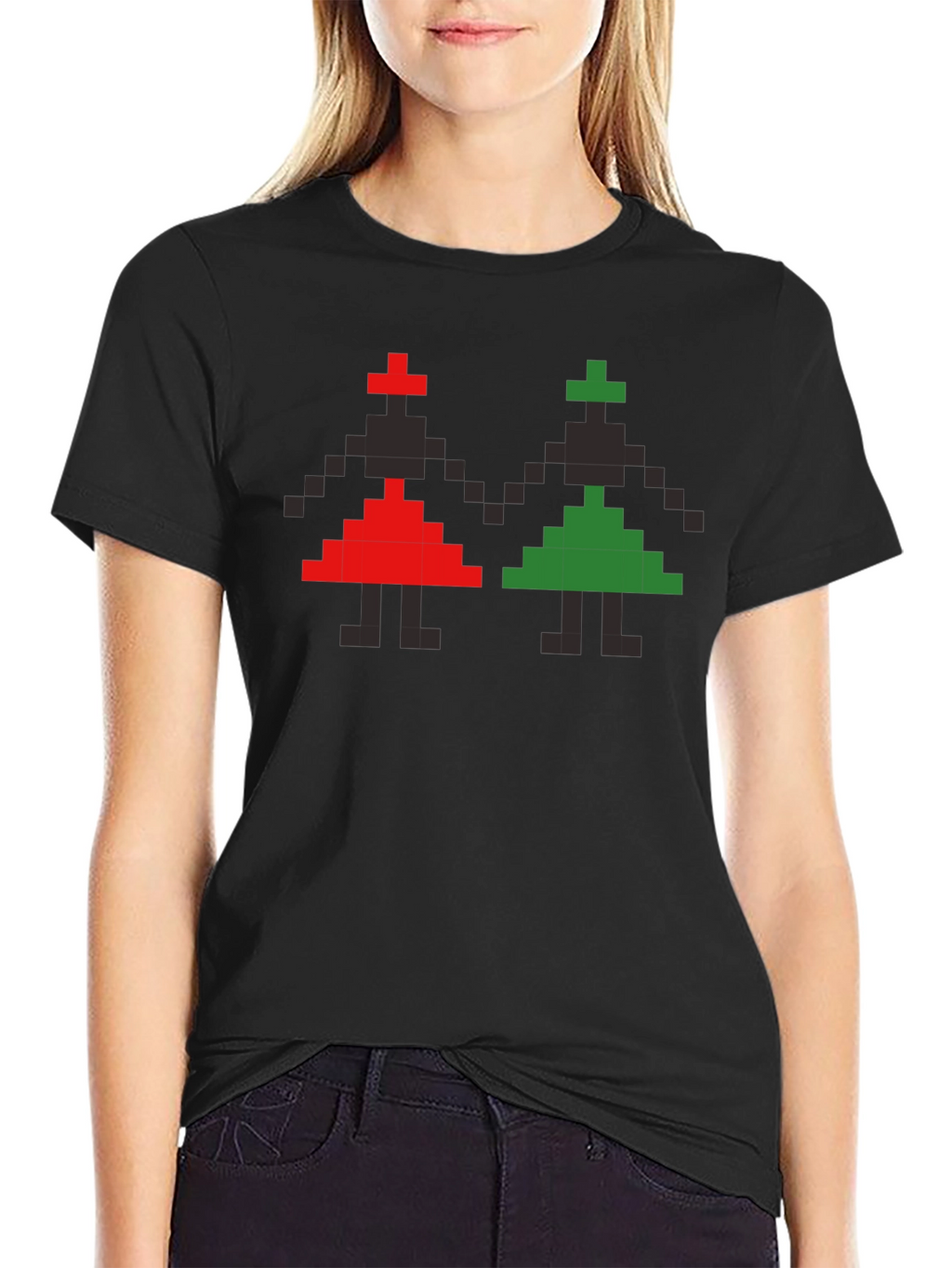 Retro Pixel Art T-Shirt - Red and Green Figures
