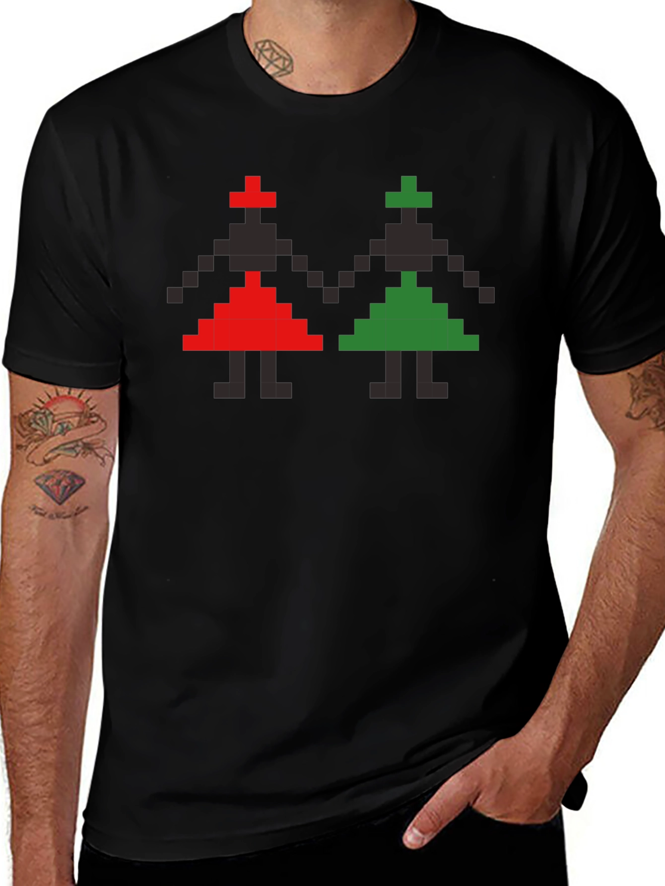 Retro Pixel Art T-Shirt - Red and Green Figures