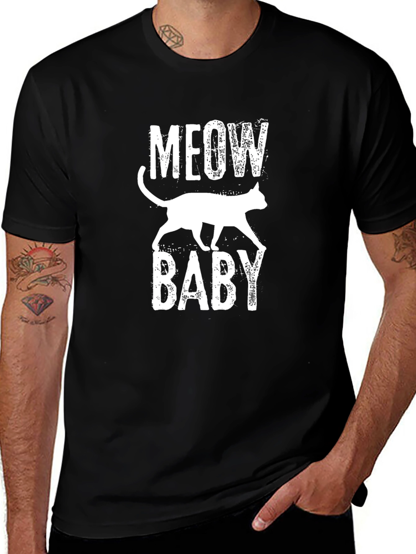 Meow Baby Cat Graphic Print Black T-Shirt