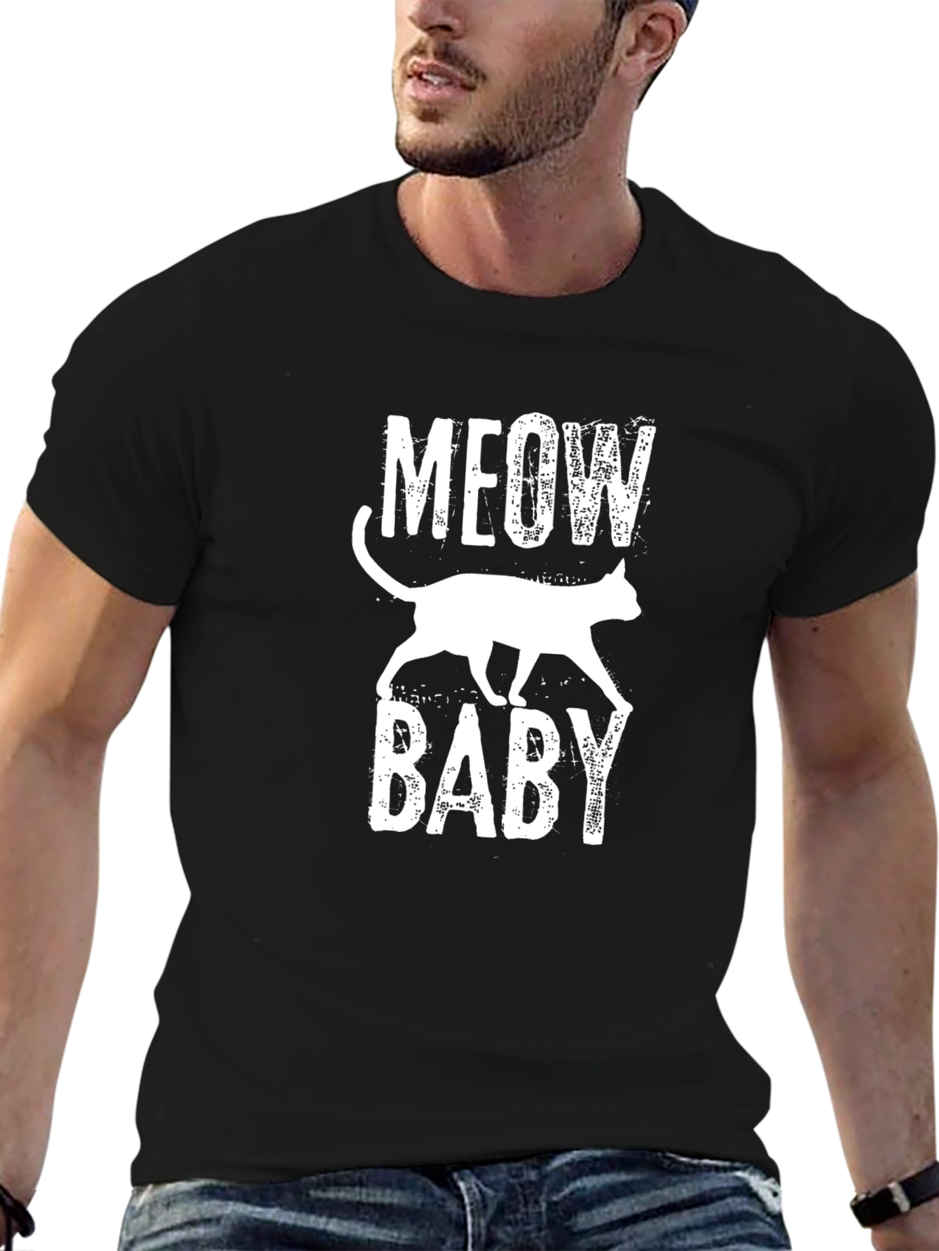 Meow Baby Cat Graphic Print Black T-Shirt