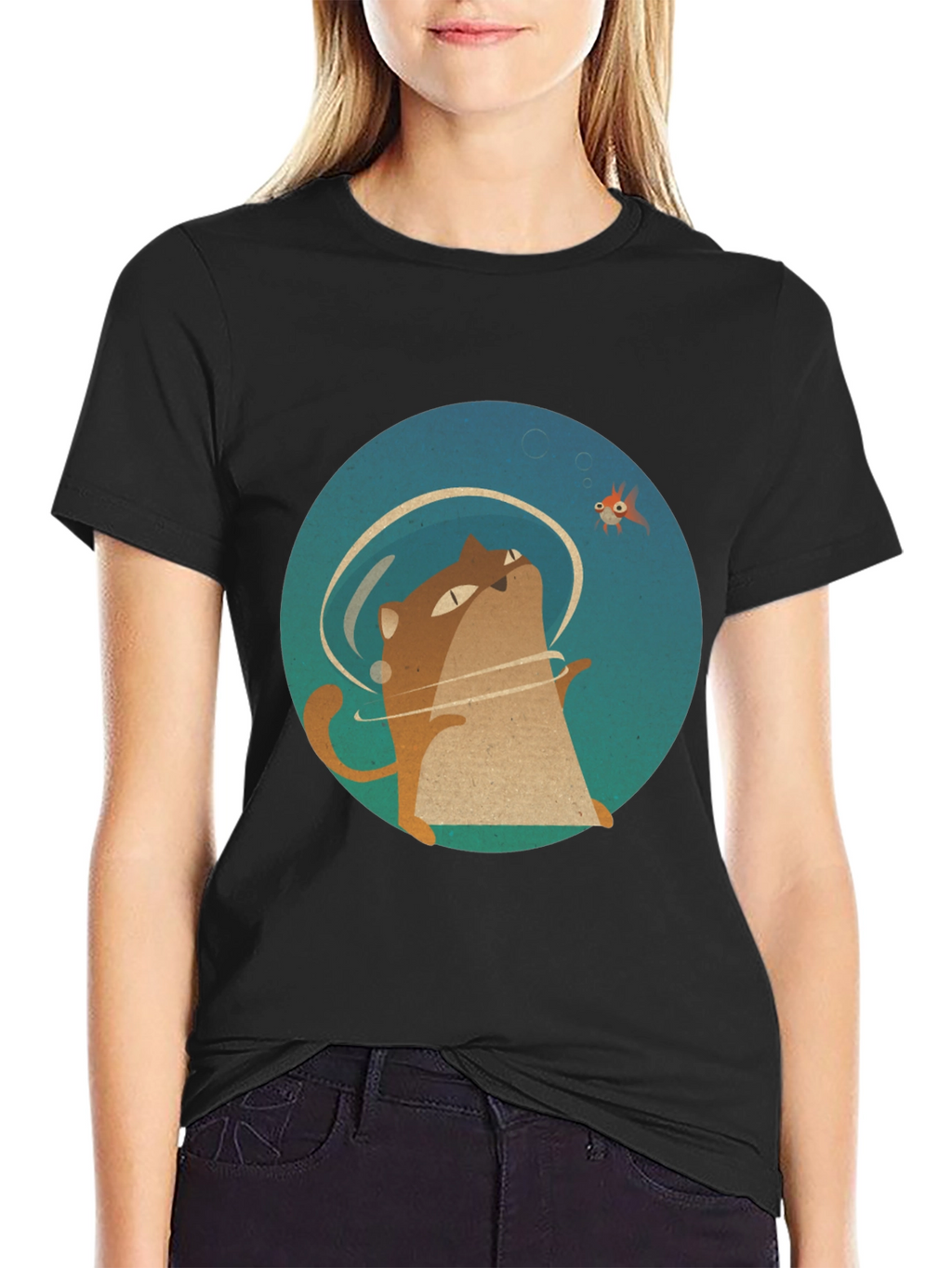 Cat & Fish Graphic Tee - Black Cotton T-Shirt