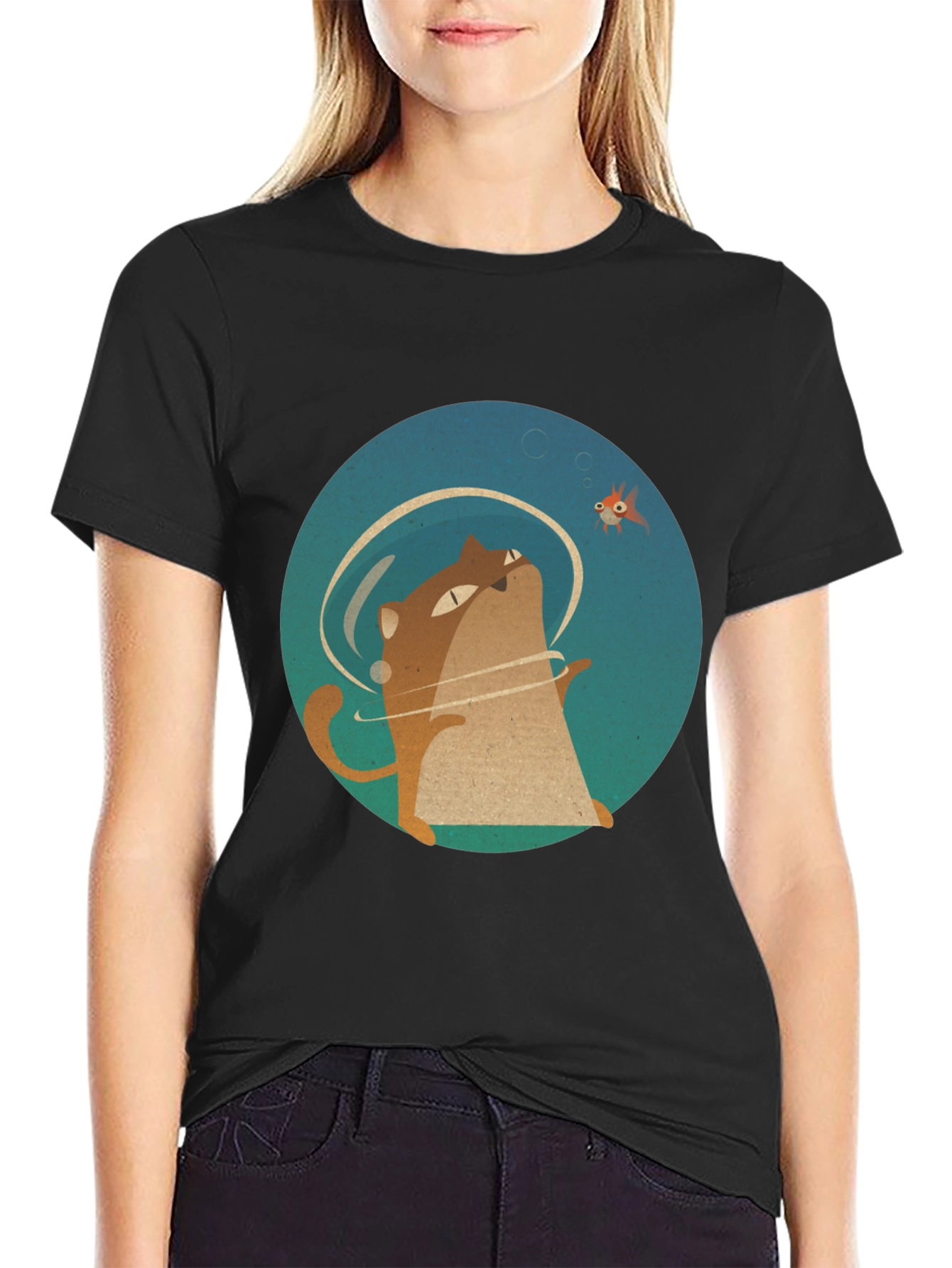 Cat & Fish Graphic Tee - Black Cotton T-Shirt