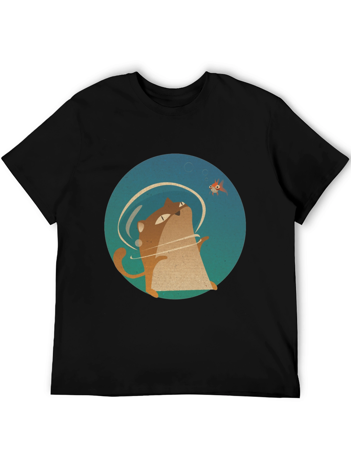 Cat & Fish Graphic Tee - Black Cotton T-Shirt