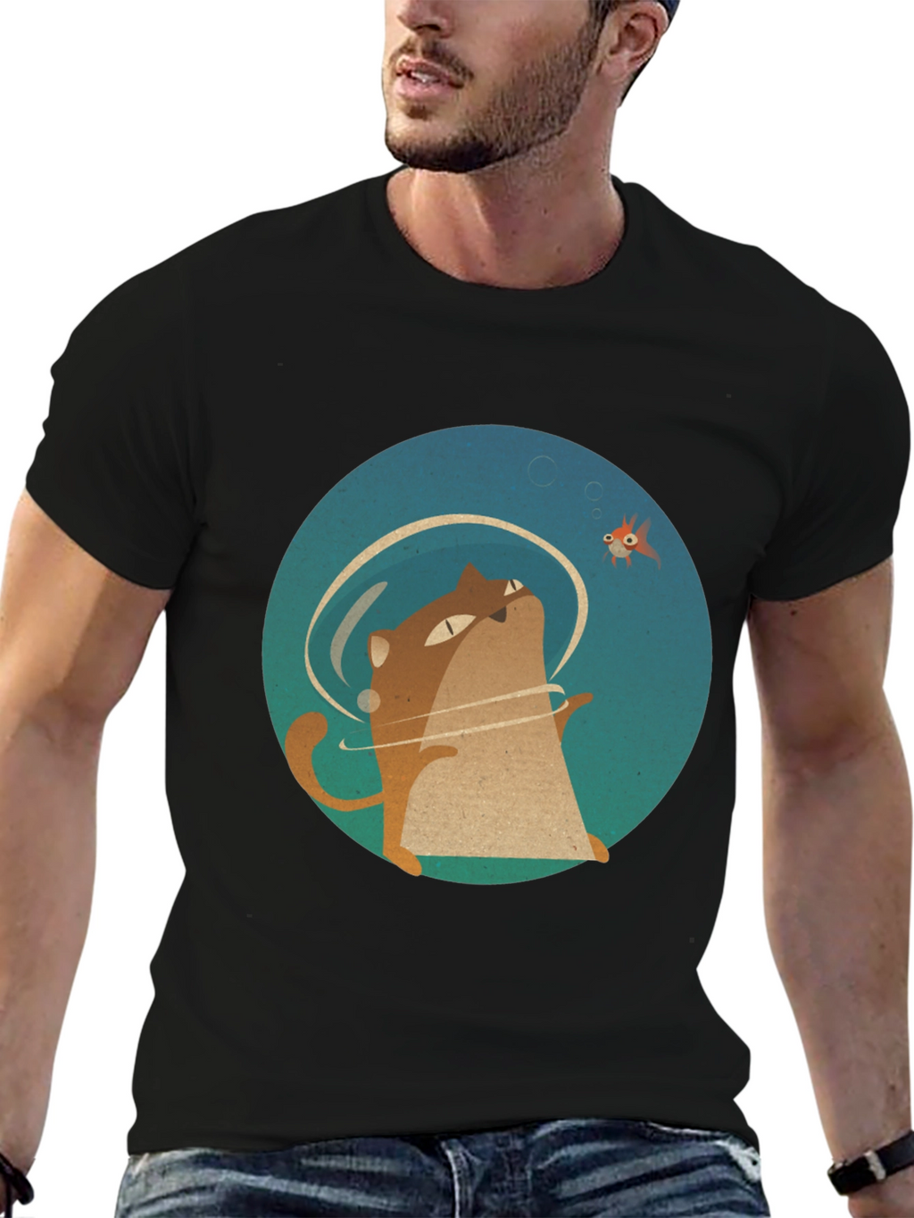 Cat & Fish Graphic Tee - Black Cotton T-Shirt