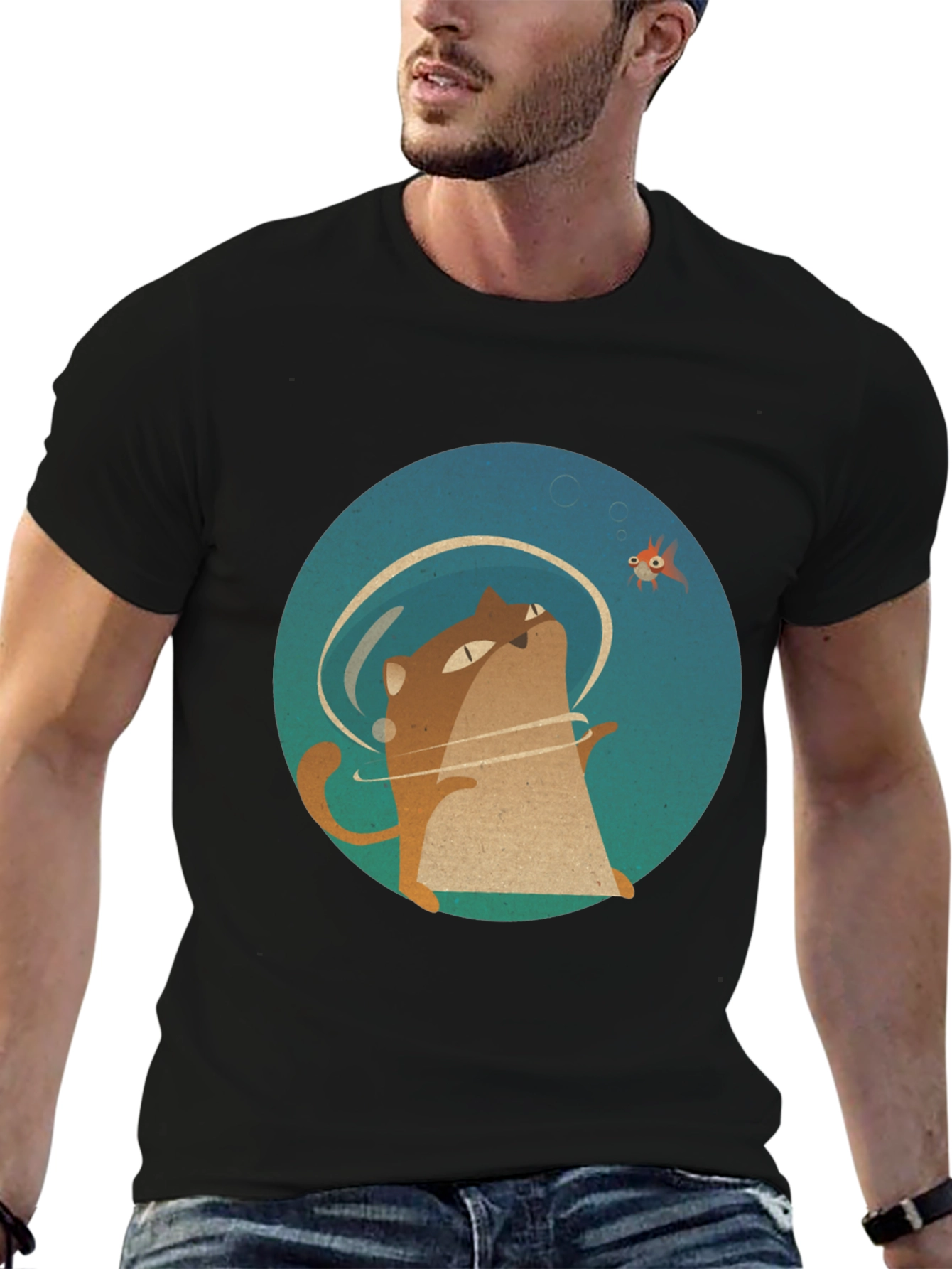 Cat & Fish Graphic Tee - Black Cotton T-Shirt