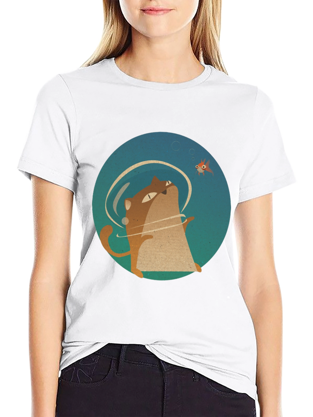 Cat & Fish Graphic Tee - Black Cotton T-Shirt