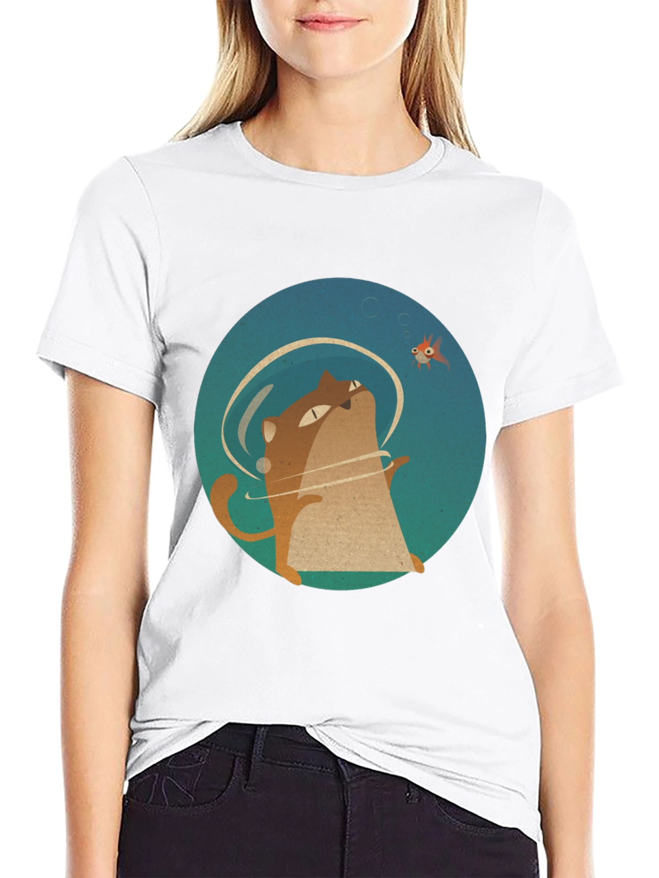 Cat & Fish Graphic Tee - Black Cotton T-Shirt