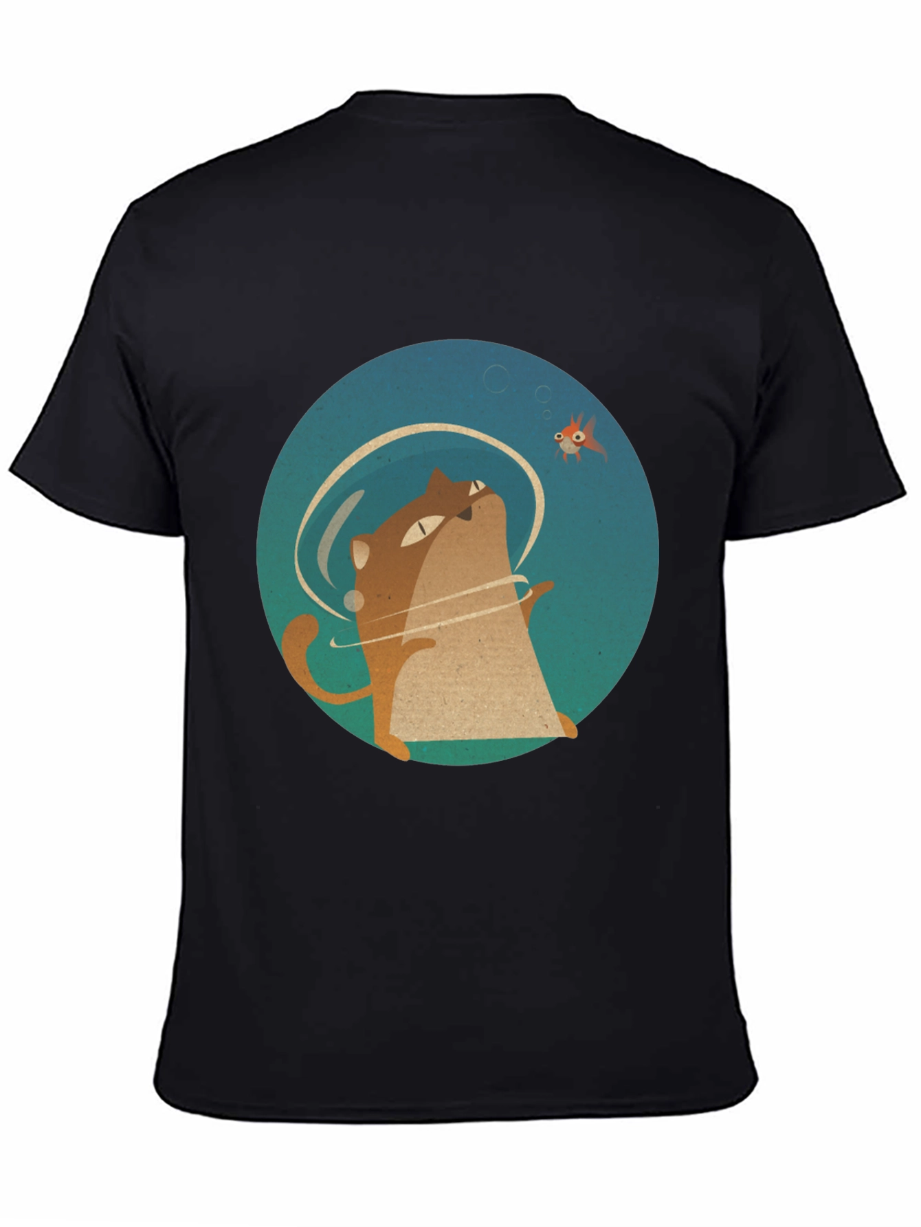 Cat & Fish Graphic Tee - Black Cotton T-Shirt