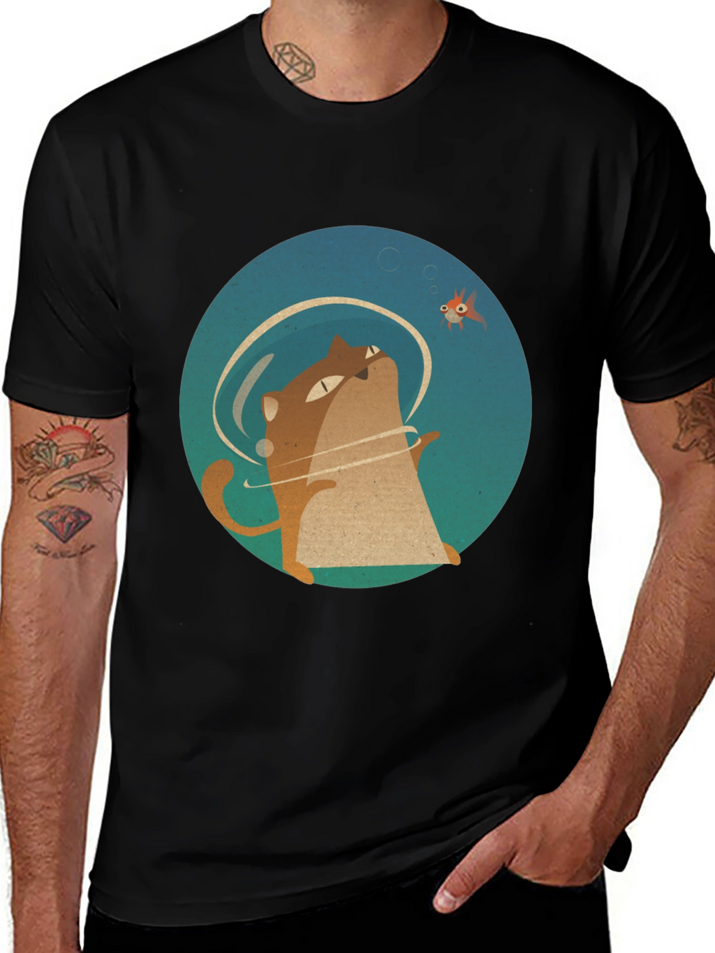 Cat & Fish Graphic Tee - Black Cotton T-Shirt
