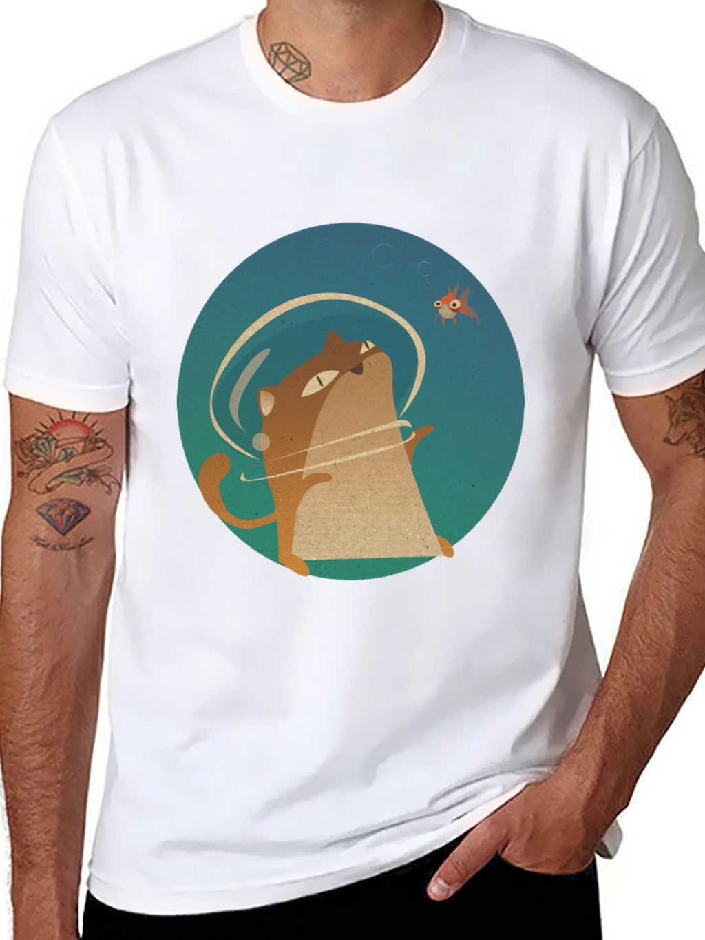 Cat & Fish Graphic Tee - Black Cotton T-Shirt
