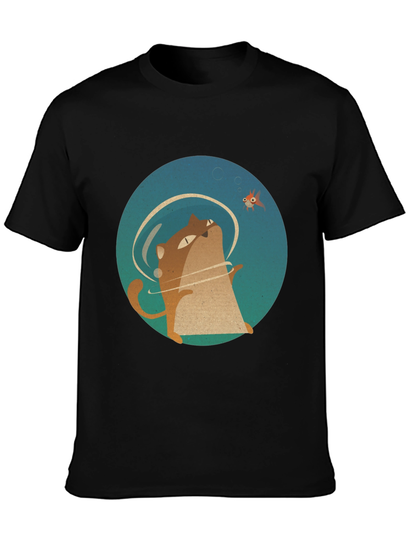 Cat & Fish Graphic Tee - Black Cotton T-Shirt