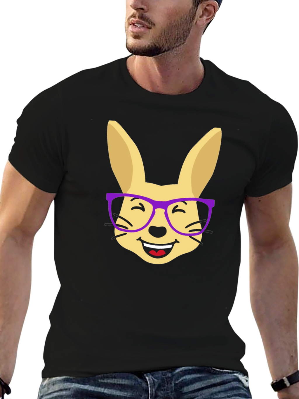 Funny Rabbit with Glasses Black T-Shirt