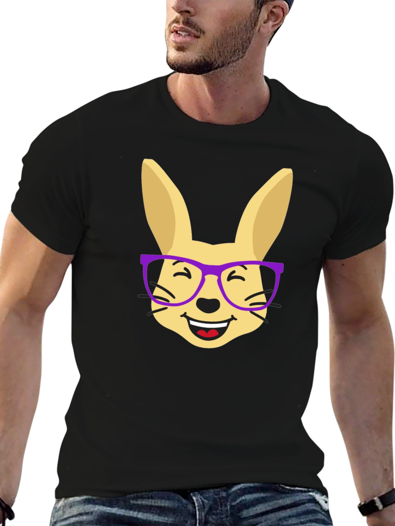 Funny Rabbit with Glasses Black T-Shirt