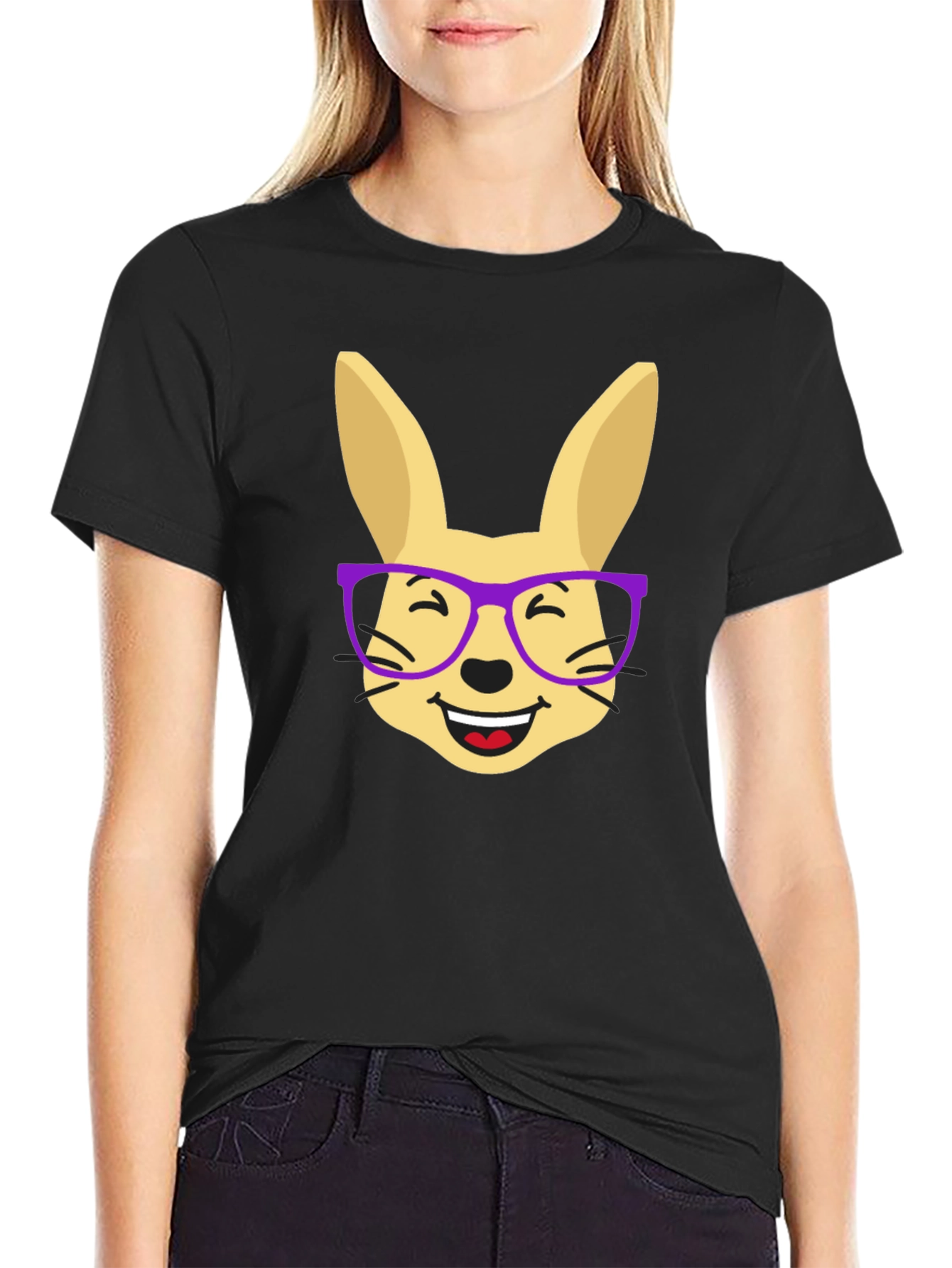 Funny Rabbit with Glasses Black T-Shirt
