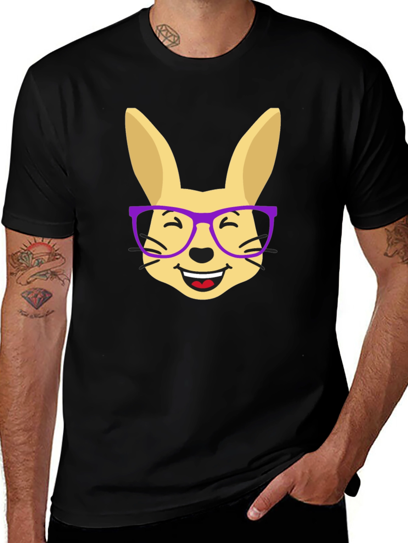 Funny Rabbit with Glasses Black T-Shirt