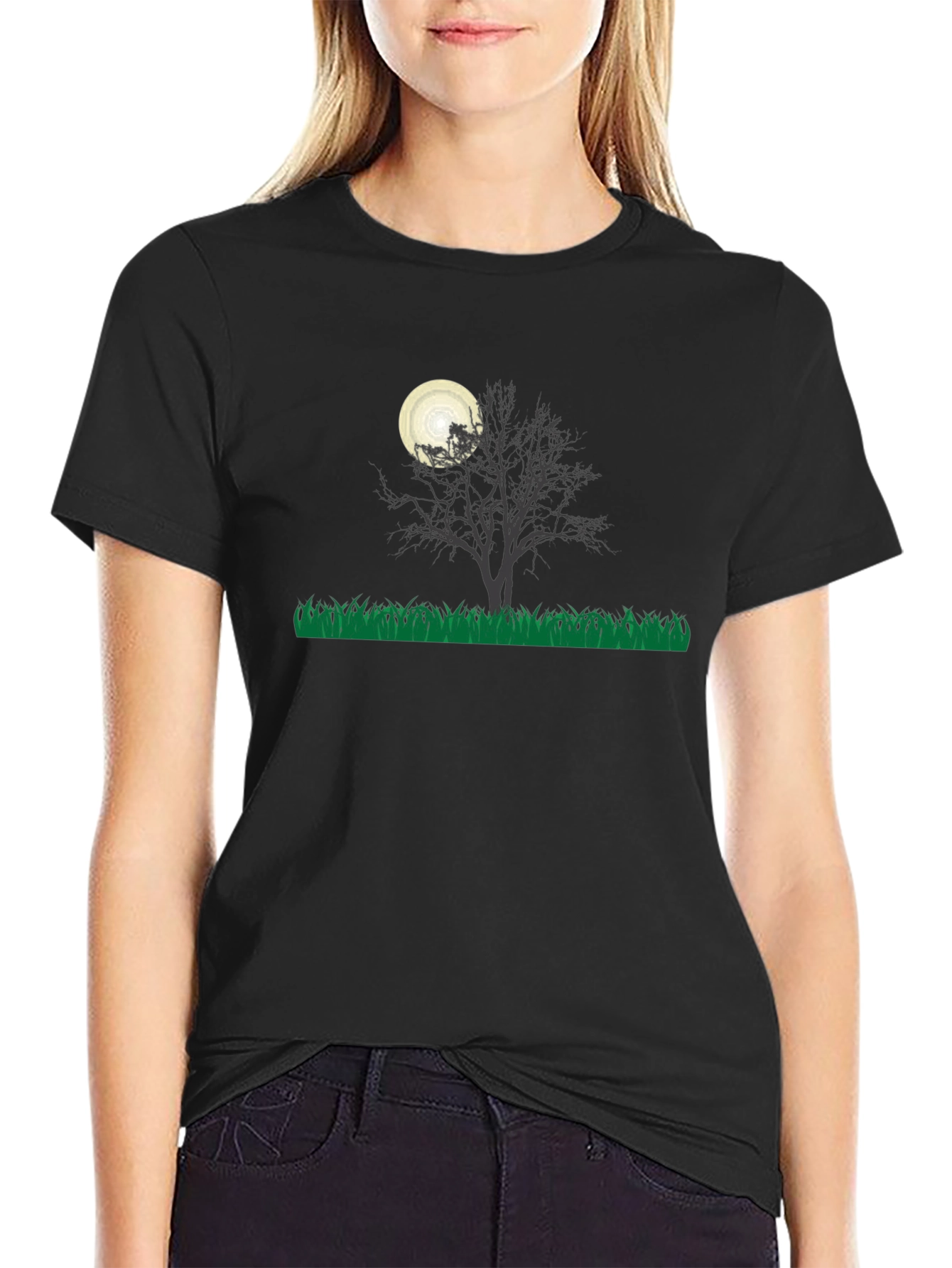 Eerie Night Tree Graphic Tee - Black Cotton Blend