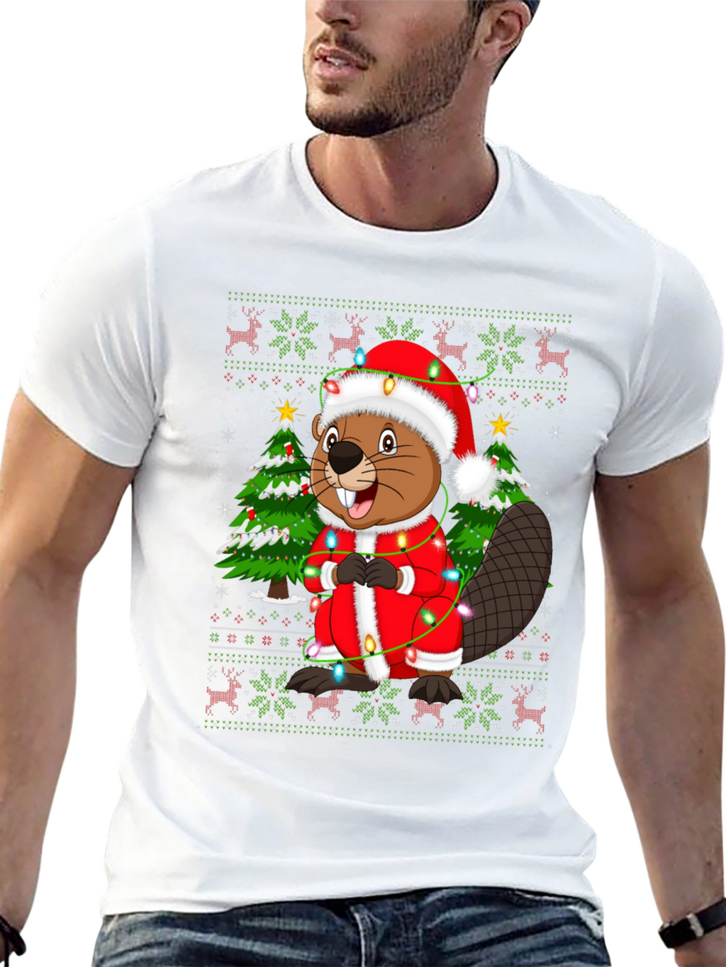 Festive Beaver Christmas T-Shirt - Ugly Sweater Style