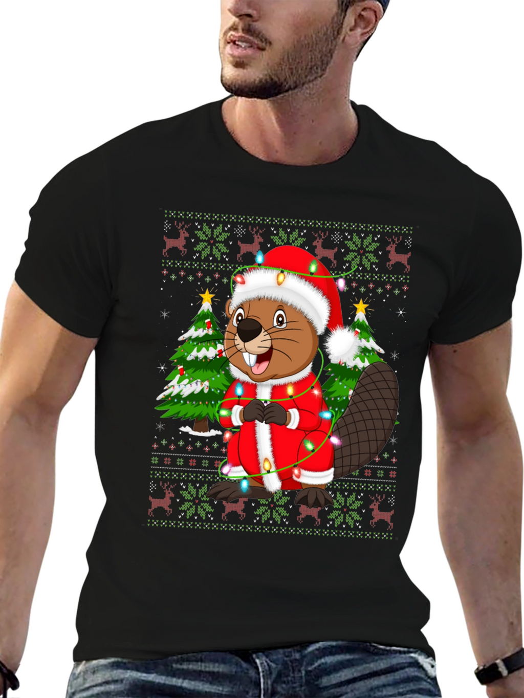 Festive Beaver Christmas T-Shirt - Ugly Sweater Style