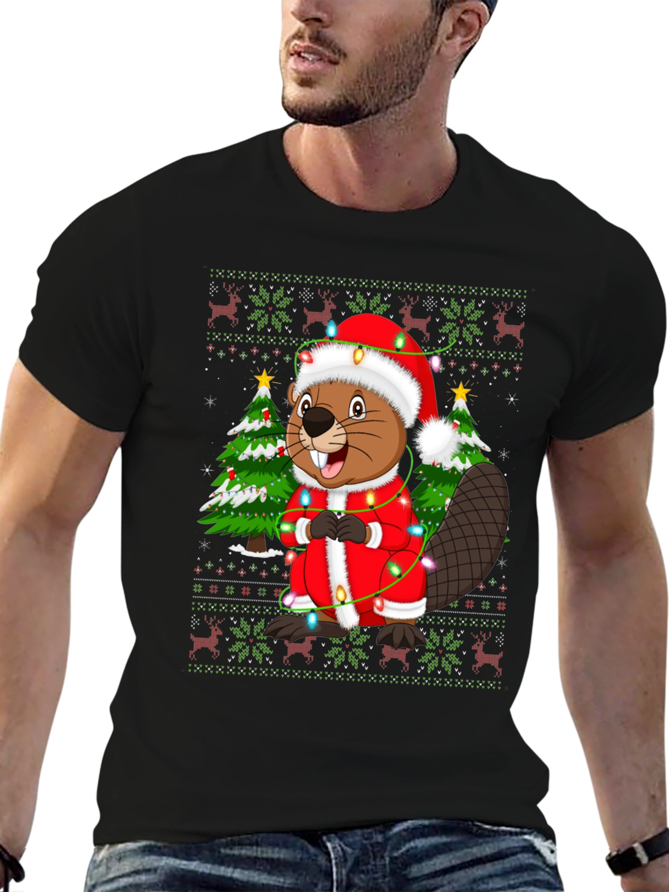 Festive Beaver Christmas T-Shirt - Ugly Sweater Style