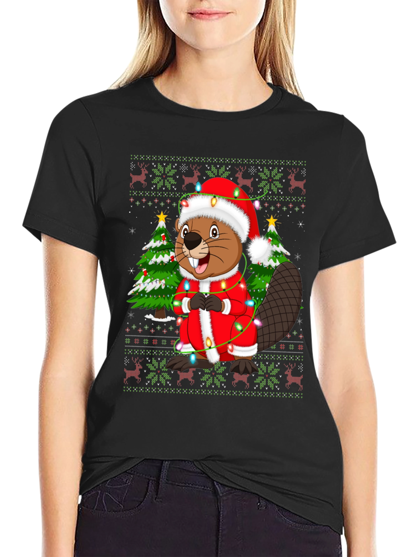 Festive Beaver Christmas T-Shirt - Ugly Sweater Style