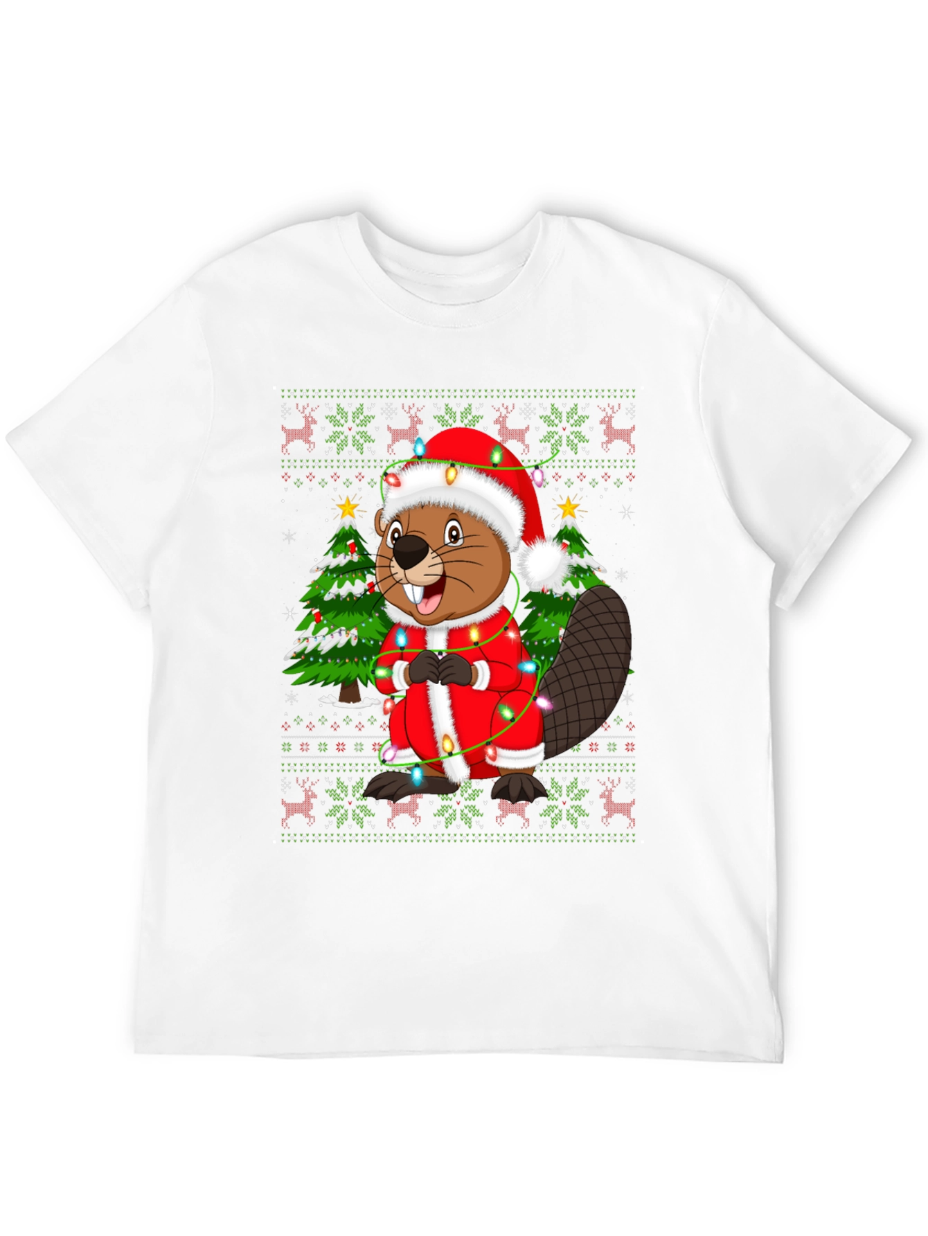 Festive Beaver Christmas T-Shirt - Ugly Sweater Style