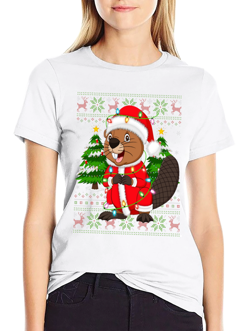 Festive Beaver Christmas T-Shirt - Ugly Sweater Style