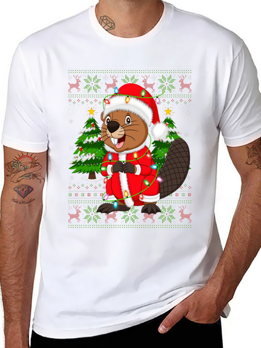 Festive Beaver Christmas T-Shirt - Ugly Sweater Style