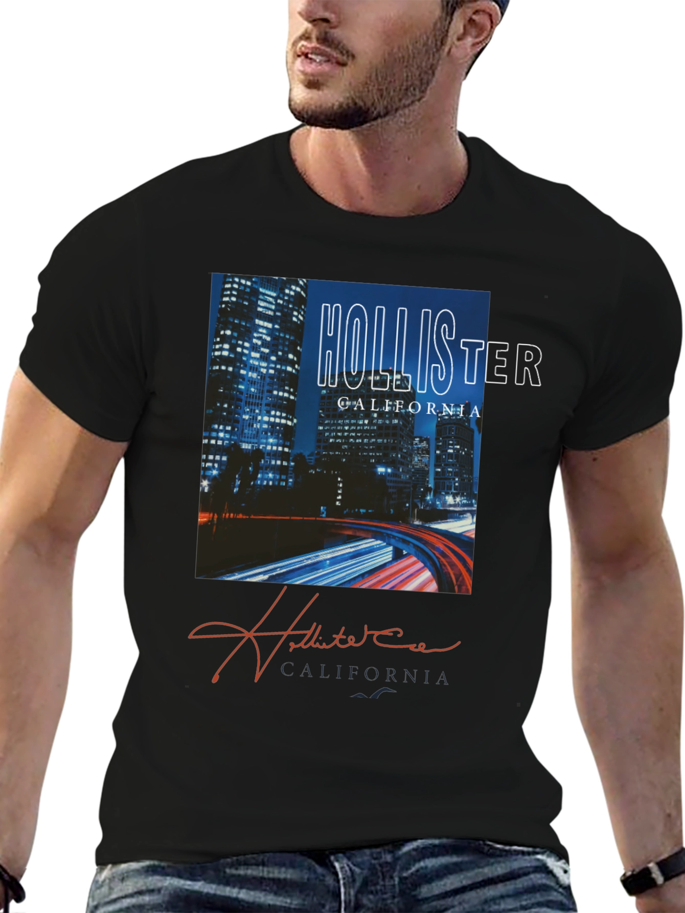 Hollister California Night Cityscape Graphic Tee
