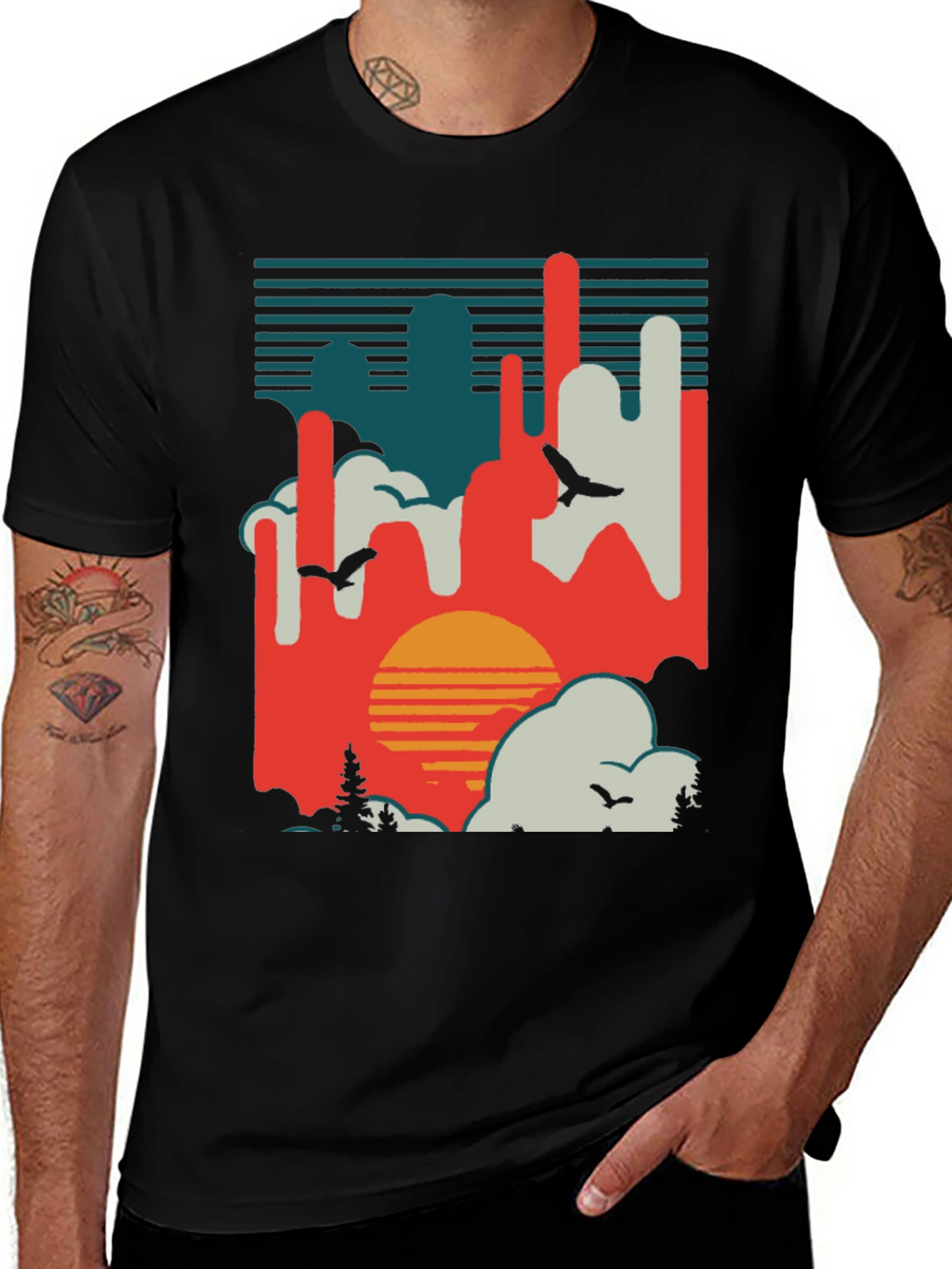 Retro Sunset T-Shirt - Abstract Landscape Design