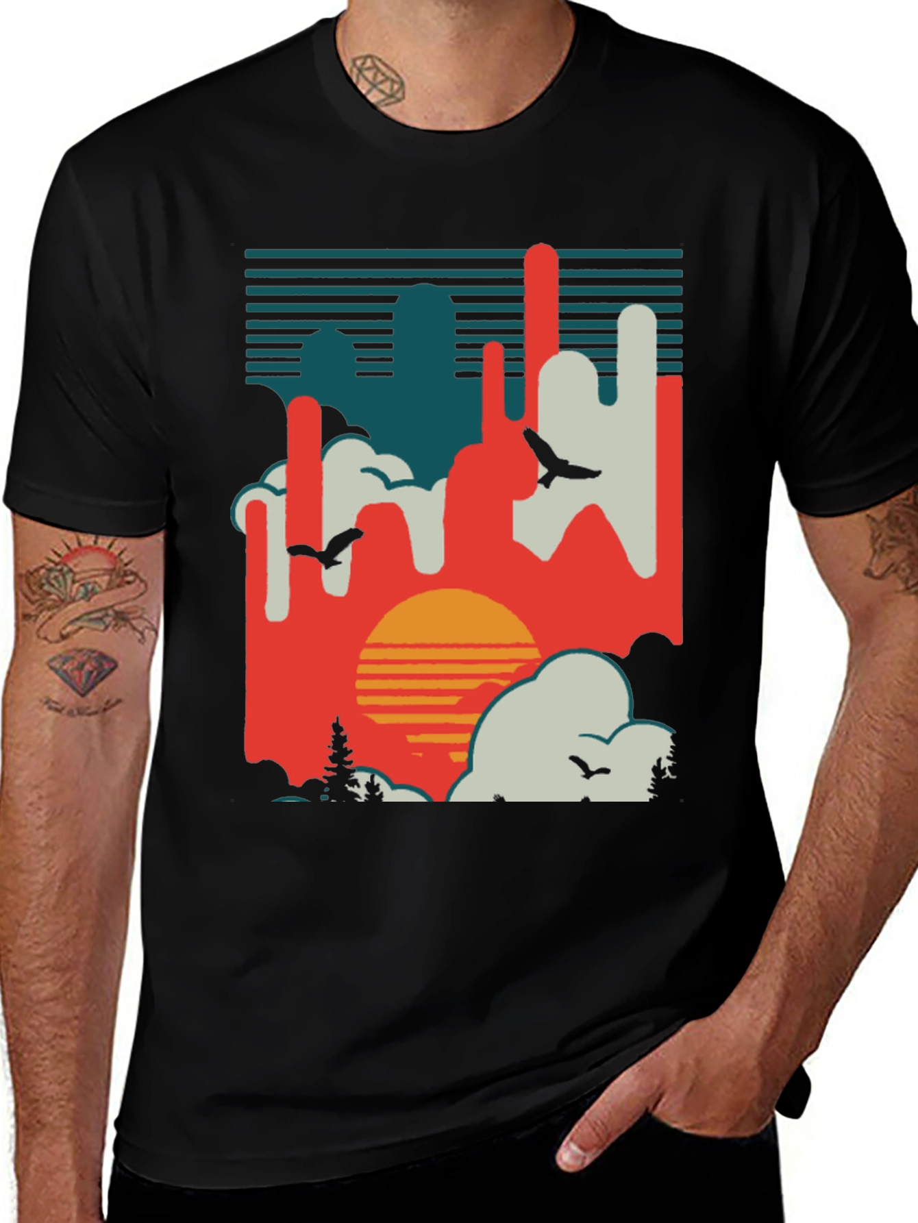 Retro Sunset T-Shirt - Abstract Landscape Design