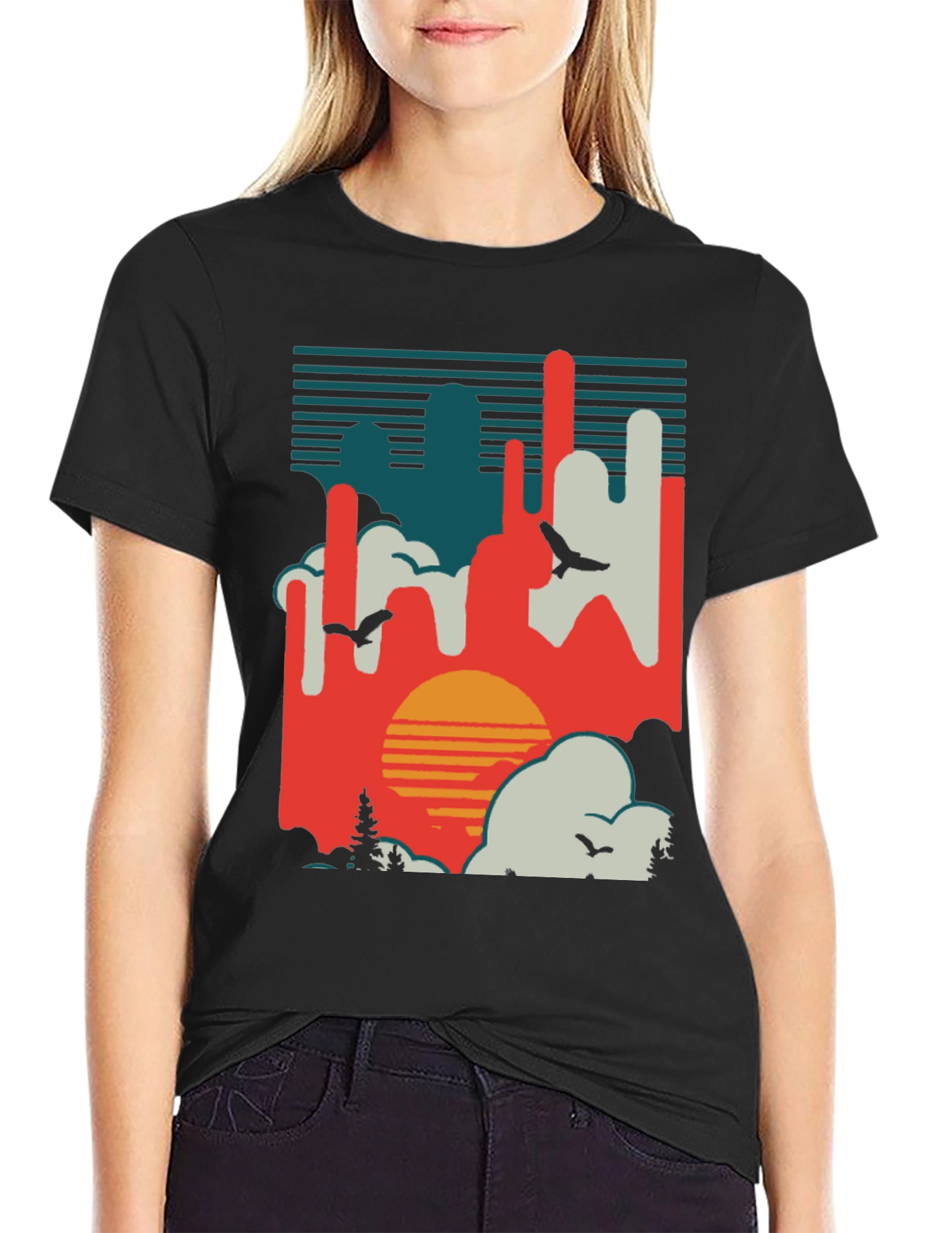 Retro Sunset T-Shirt - Abstract Landscape Design