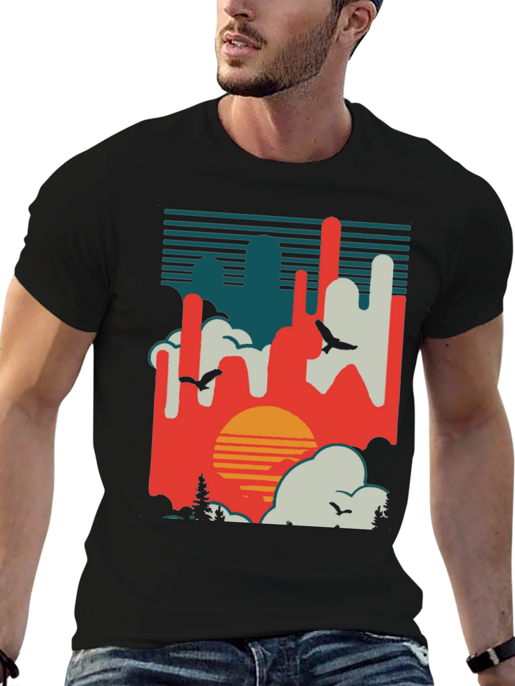 Retro Sunset T-Shirt - Abstract Landscape Design