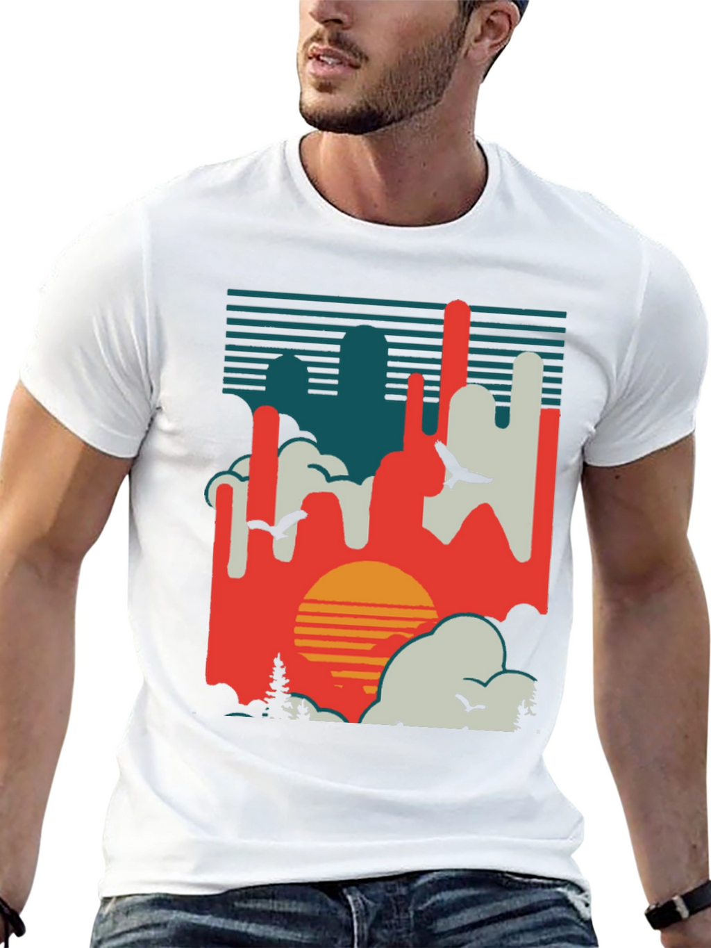 Retro Sunset T-Shirt - Abstract Landscape Design