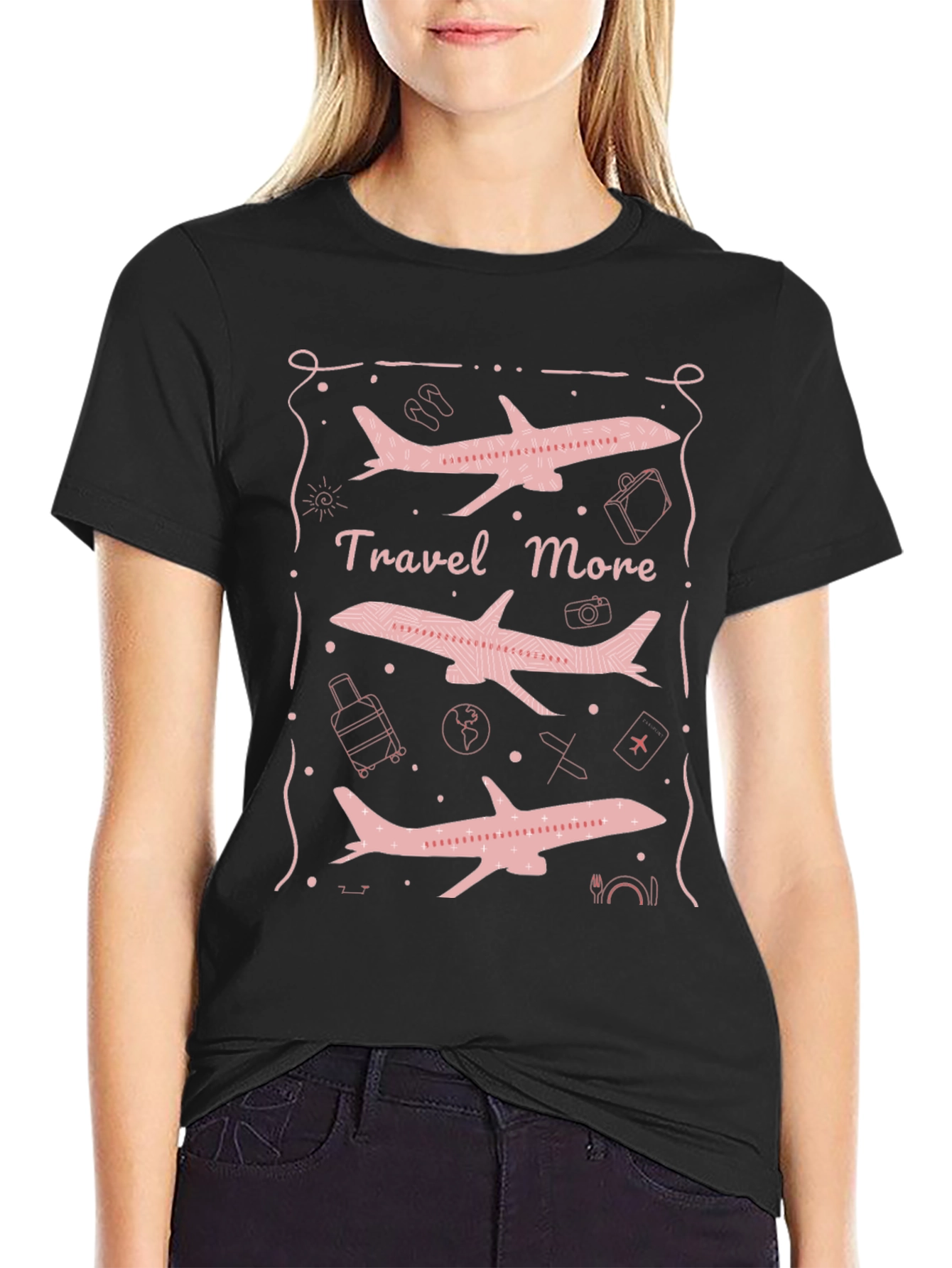 Travel More Airplane Graphic Tee - Black