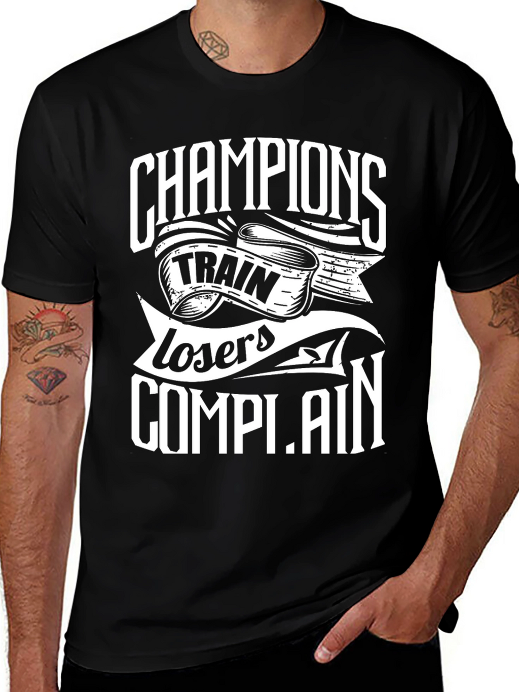 Champions Train Losers Complain Black Graphic T-Shirt