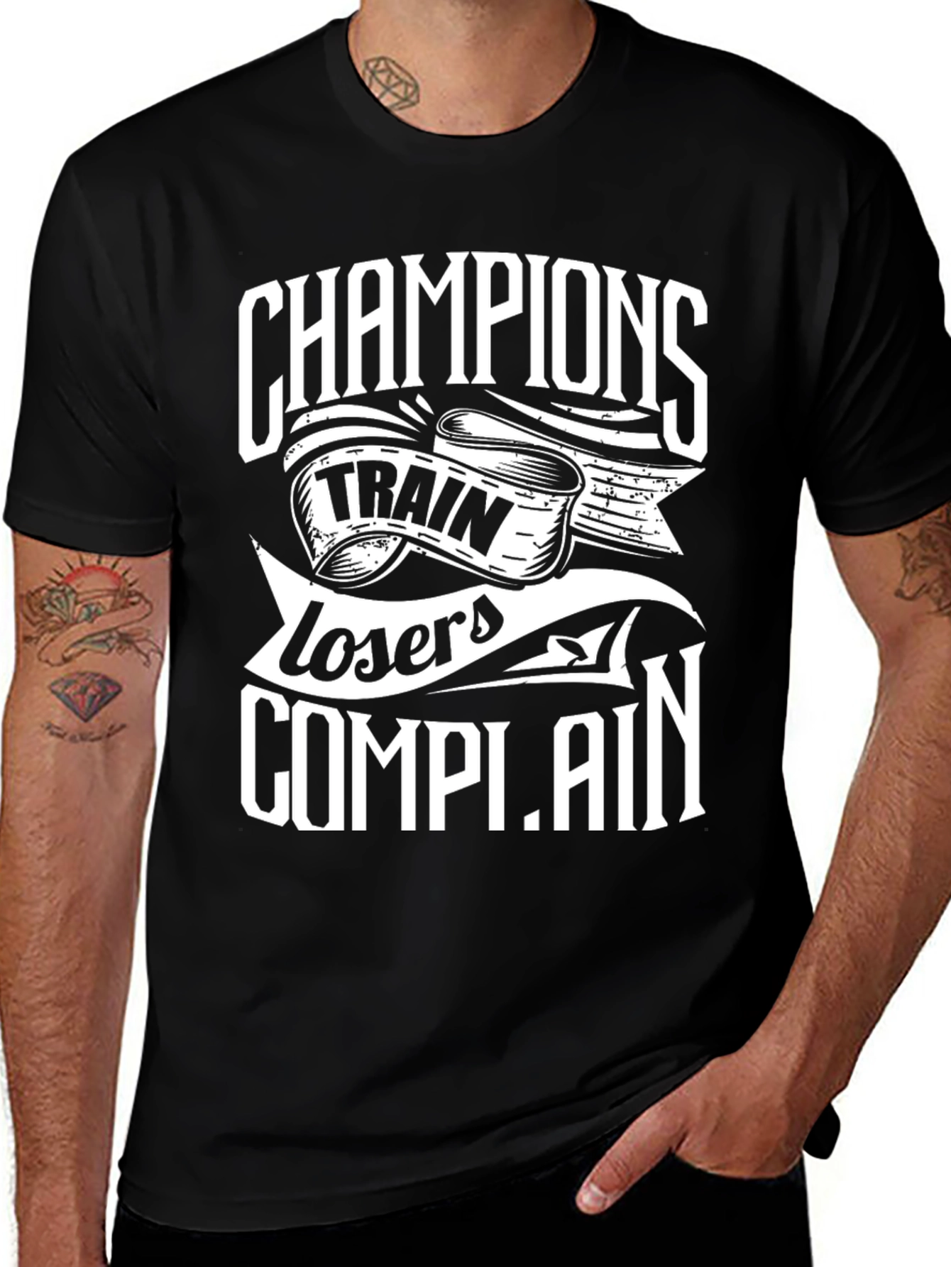 Champions Train Losers Complain Black Graphic T-Shirt