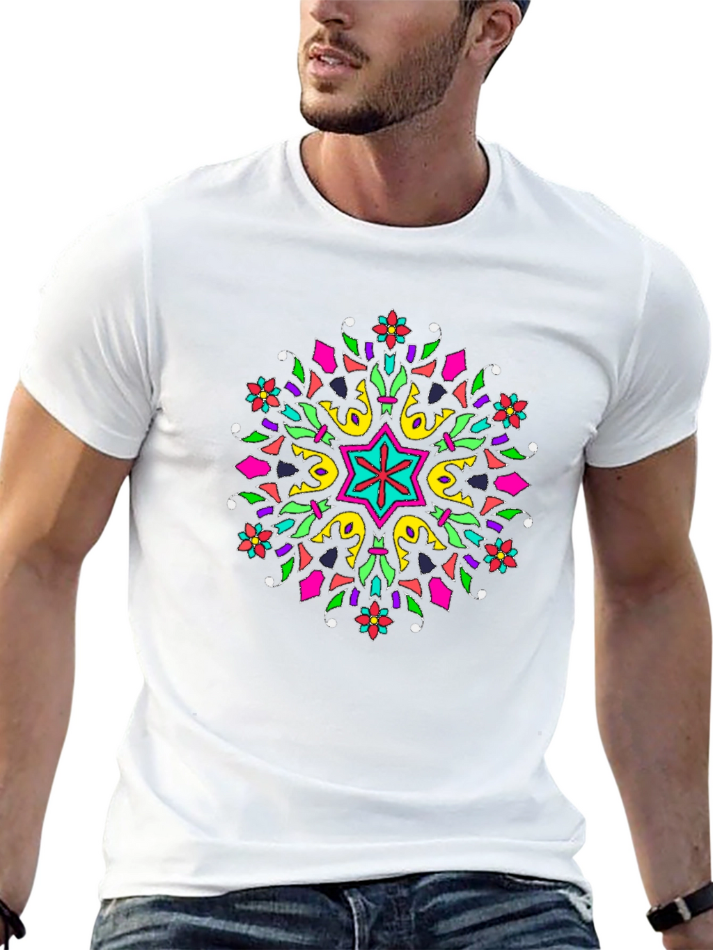 Vibrant Mandala Graphic Print Black T-Shirt